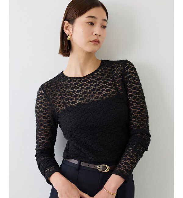ROPE「フラワーレースベーシックカットソー/イージーケア【J'aDoRe・ルミネ店舗限定カラー】」|Tシャツ・カットソー|ブラック(01)