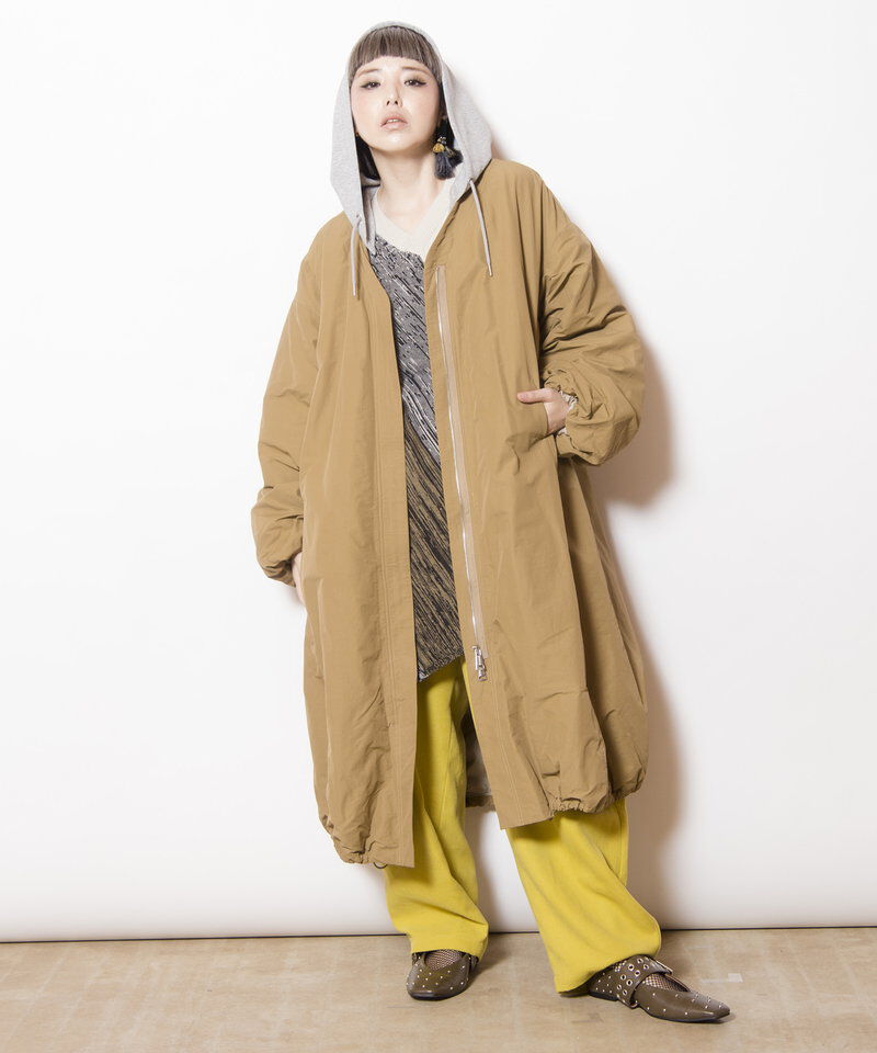  「フーデッドバルーンコート」|ノーカラーコート|