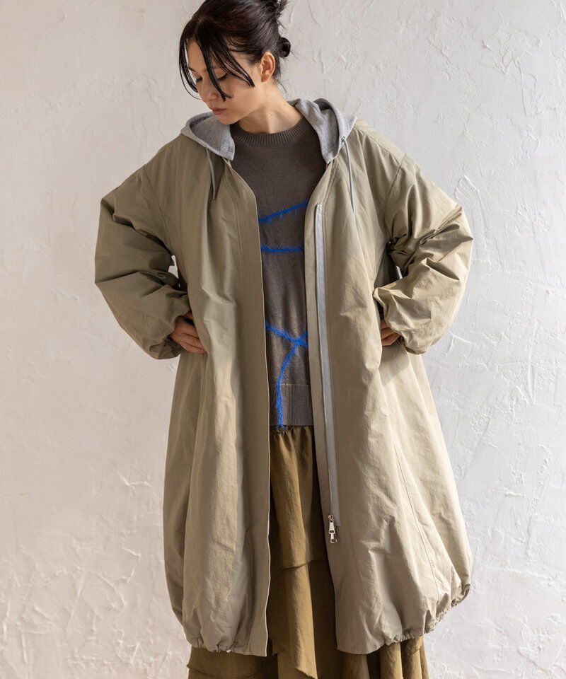  「フーデッドバルーンコート」|ノーカラーコート|