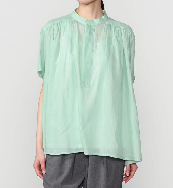 LE GLAZIK「LE GLAZIK | ラミー スタンドカラープルオーバーシャツ WOMEN」|シャツ・ブラウス|GREEN系1