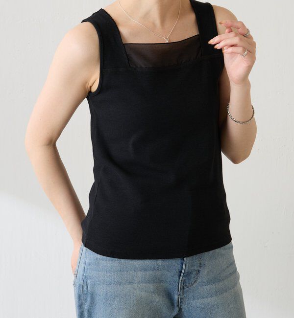  「【万能インナー】 シアー切り替えスクエアタンクトップ」|Tシャツ・カットソー|