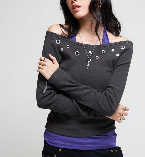  「【WEB限定/26AW新色あり】アイレットオフショルトップス」|Tシャツ・カットソー|チャコールグレー