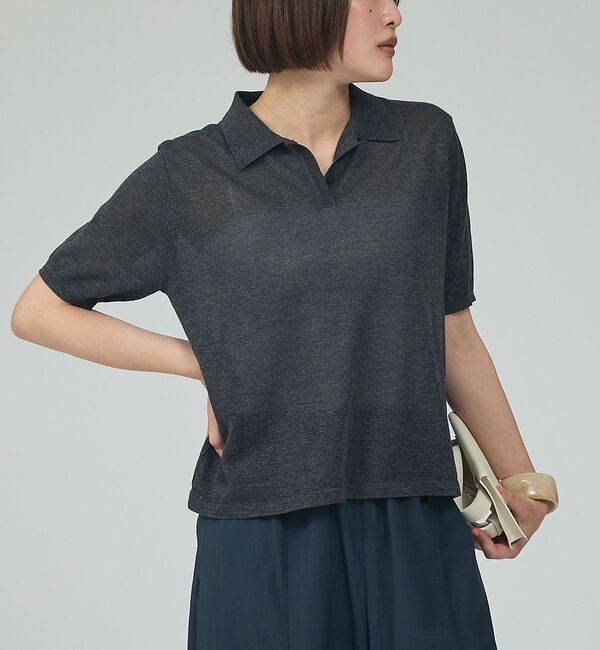 qualite「ラメポロニットTシャツ」|Tシャツ・カットソー|チャコールグレー