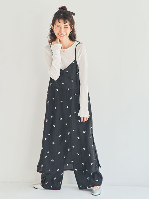 Samansa Mos2「シアー楊柳刺繍キャミソールワンピース」|ワンピース|ブラック