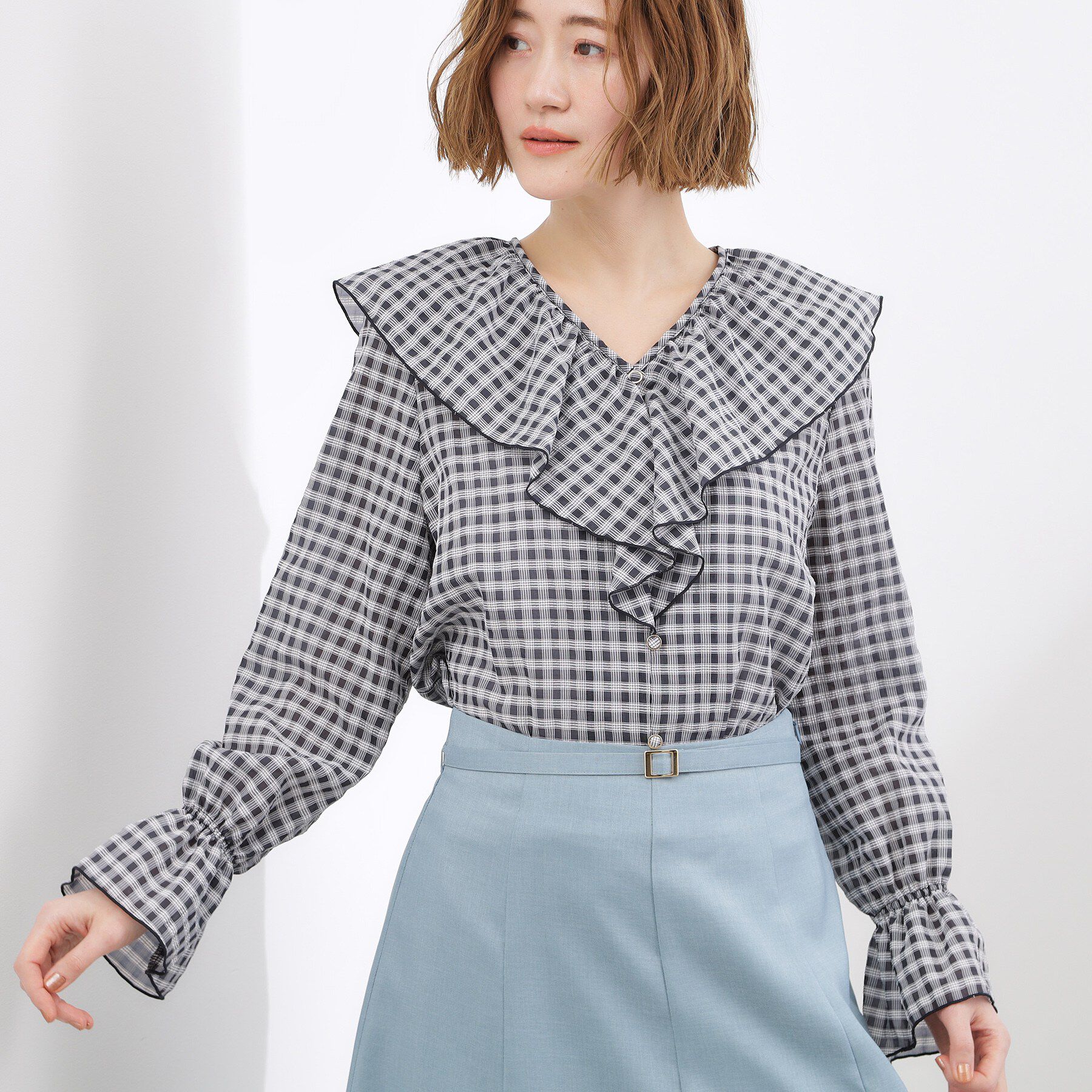 grove「高評価！大人の華やぎチェックフリルブラウス」|シャツ・ブラウス|