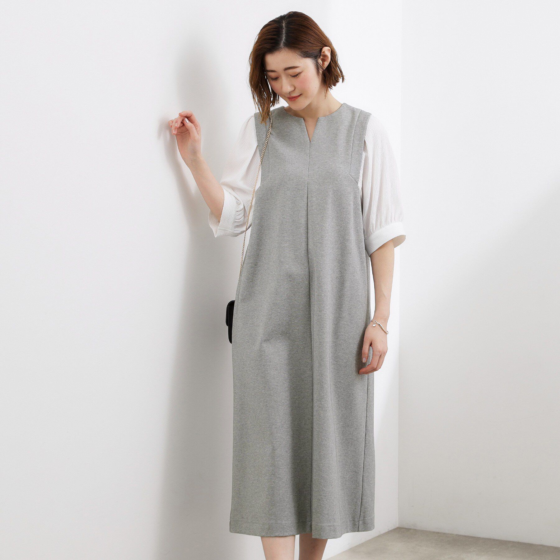 grove「高評価！【体型カバー/洗える】袖布帛ポンチワンピース」|ワンピース|