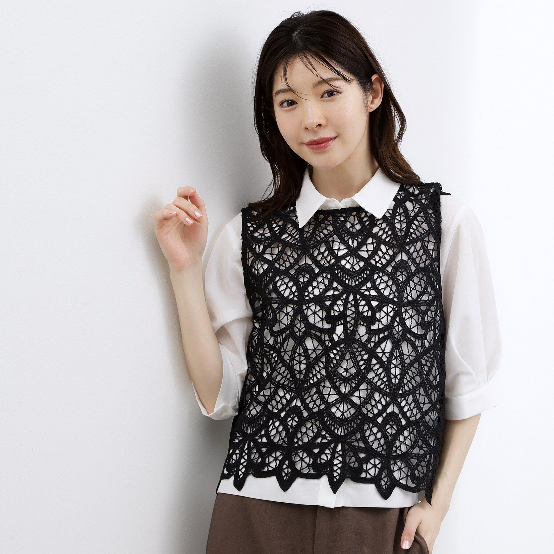 grove「【2点SET・二の腕カバー】レースベスト&times;シアーブラウスSET」|シャツ・ブラウス|