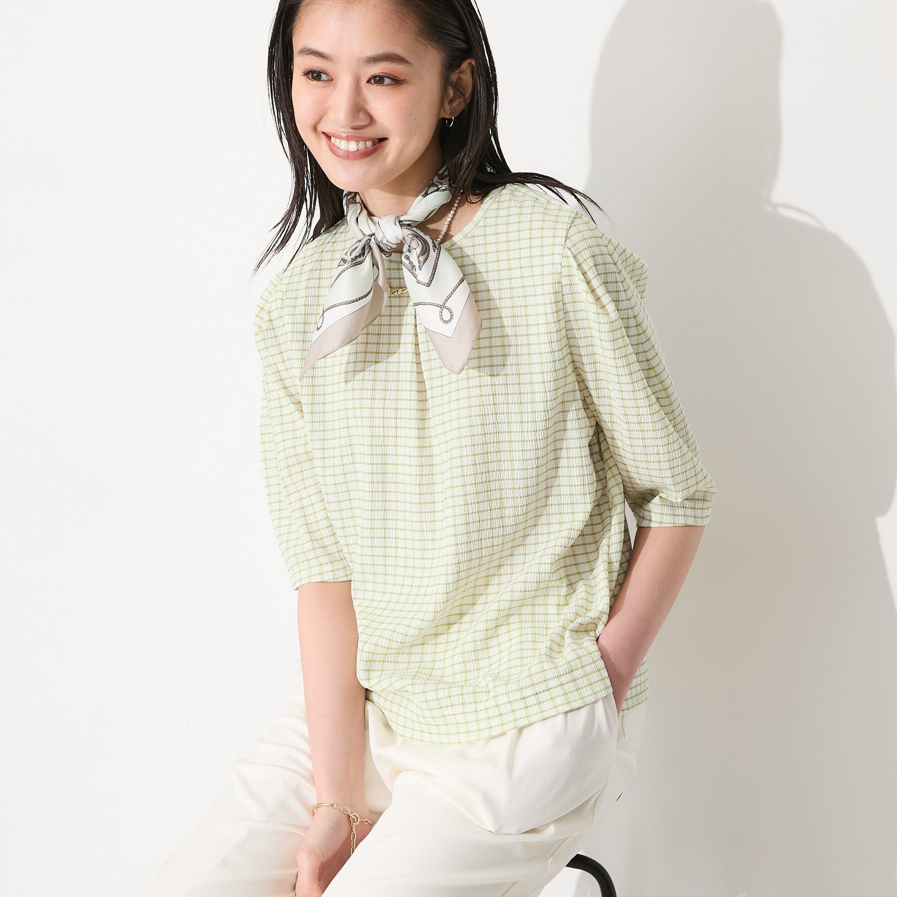 INDIVI「【UVケア／吸汗速乾】チェック柄タックボリュームスリーブトップス」|Tシャツ・カットソー|