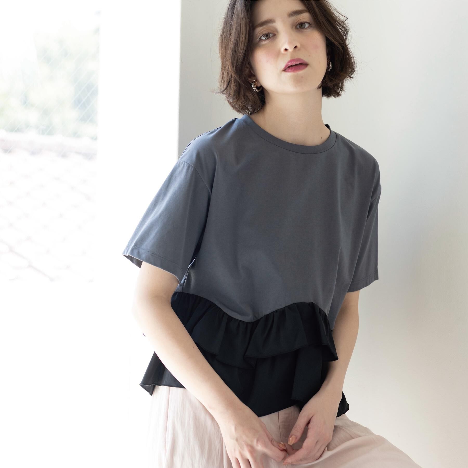 OPAQUE.CLIP「裾フリルドッキングTシャツ【洗濯機OK】」|Tシャツ・カットソー|
