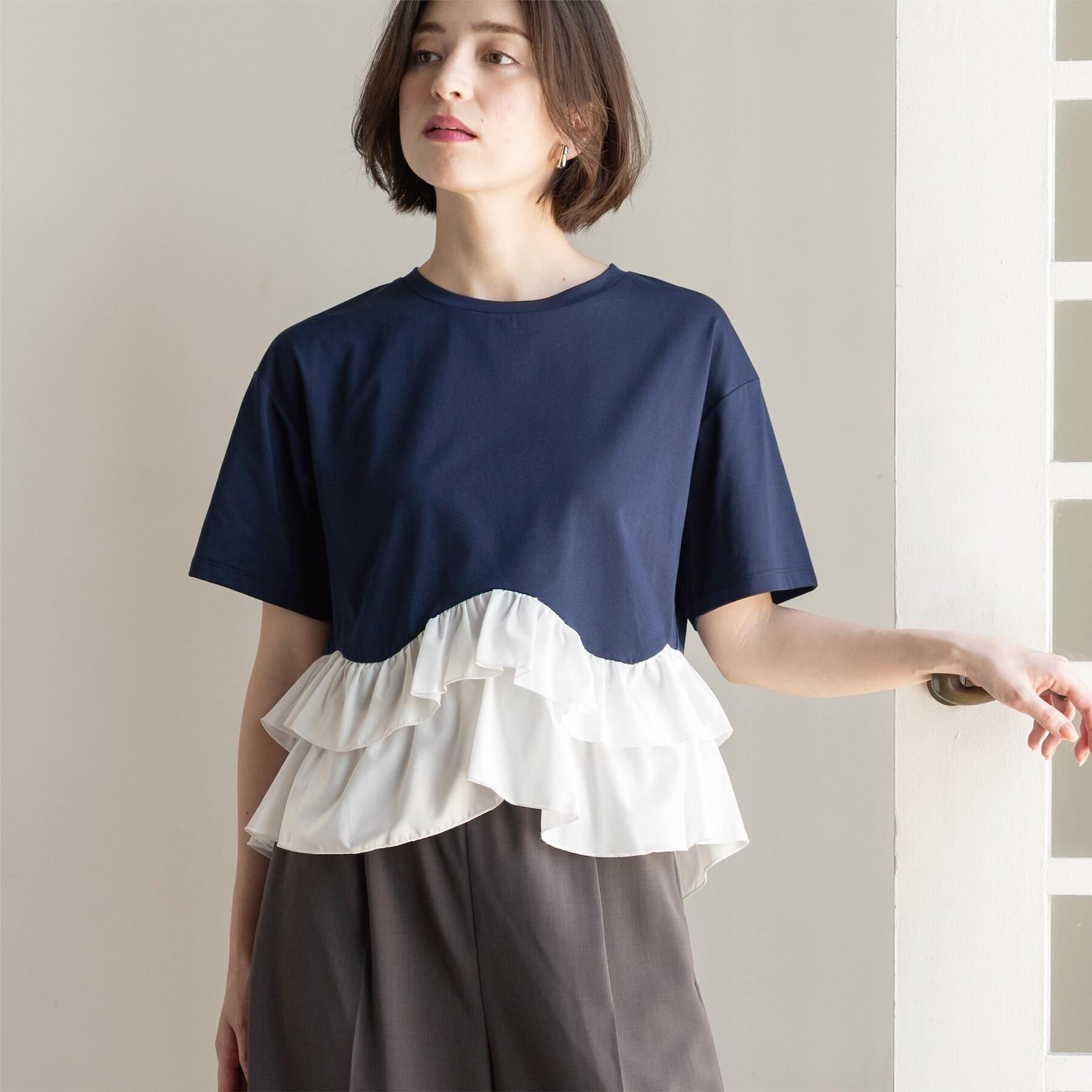 OPAQUE.CLIP「裾フリルドッキングTシャツ【洗濯機OK】」|Tシャツ・カットソー|
