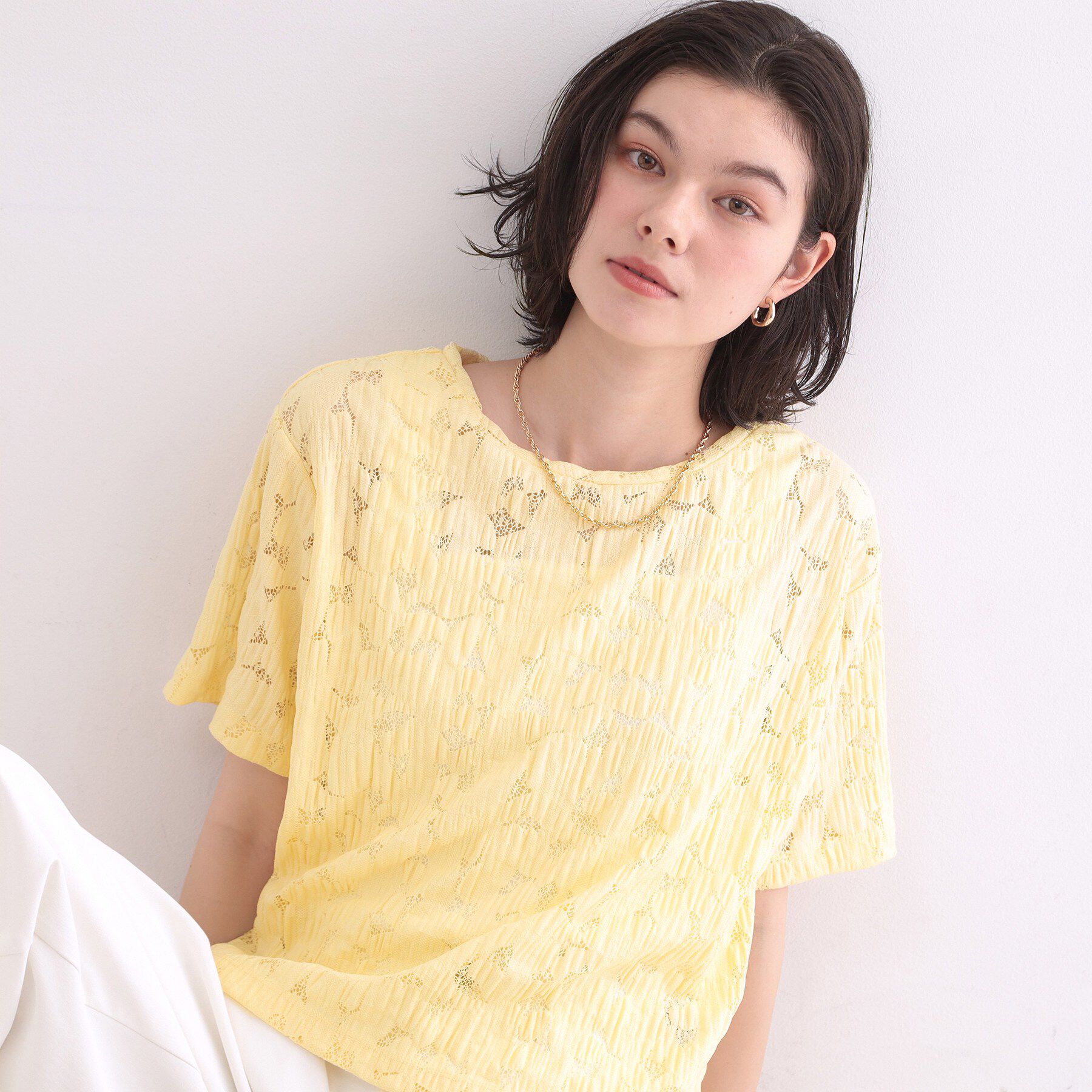 OPAQUE.CLIP「レースジャカードカットソー【洗濯機OK】」|Tシャツ・カットソー|イエロー(031)