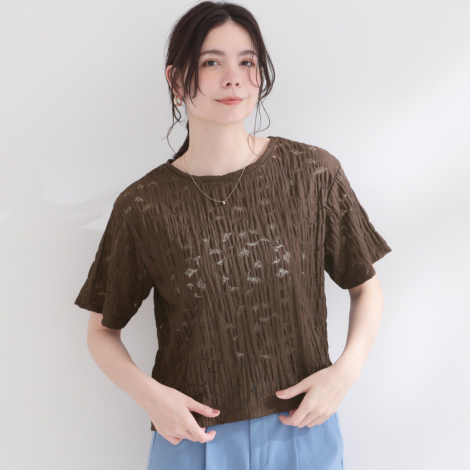 OPAQUE.CLIP「レースジャカードカットソー【洗濯機OK】」|Tシャツ・カットソー|ブラウン(044)