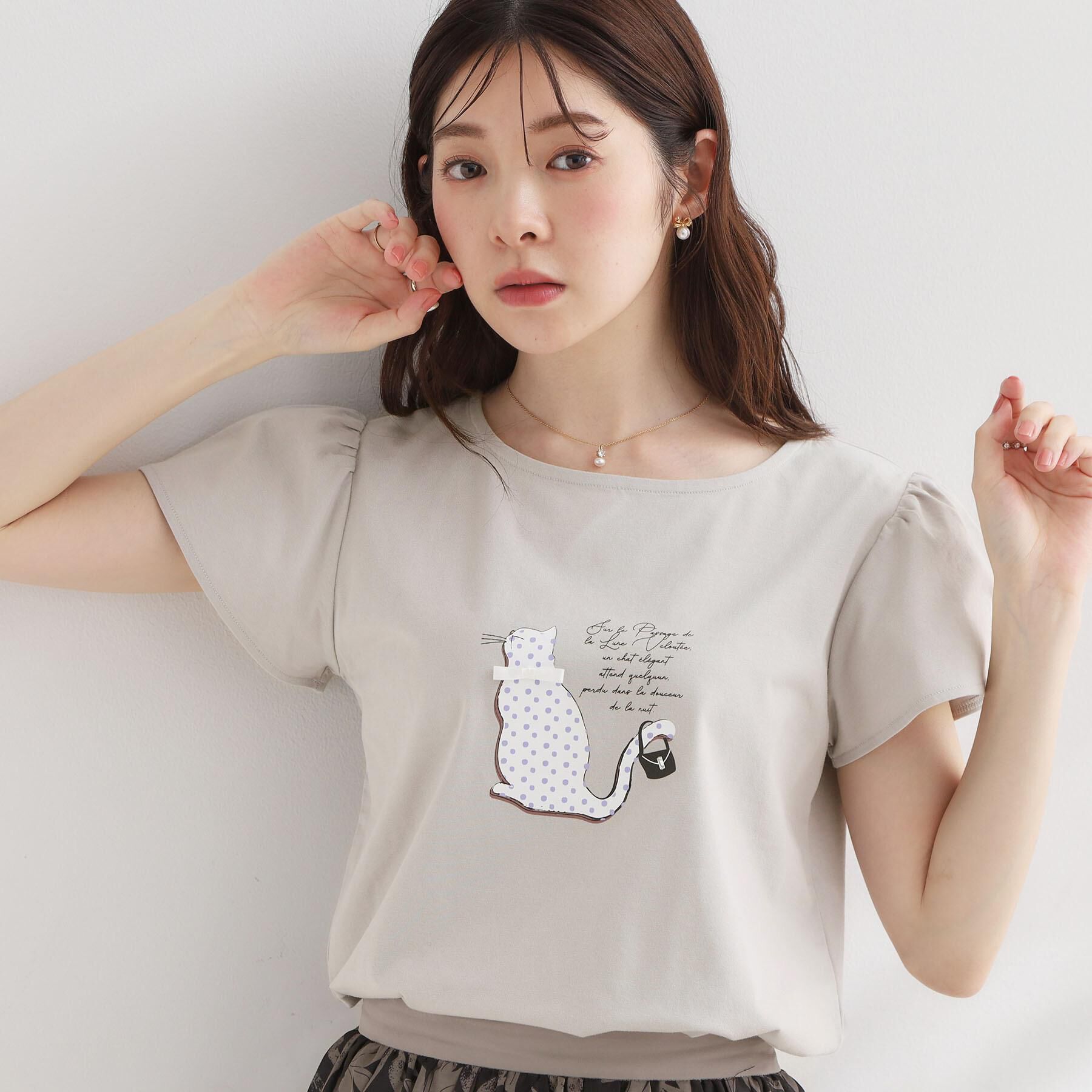Couture broach「【接触冷感・UVカット・洗える】CATプリントTシャツ」|Tシャツ・カットソー|ライトグレー(111