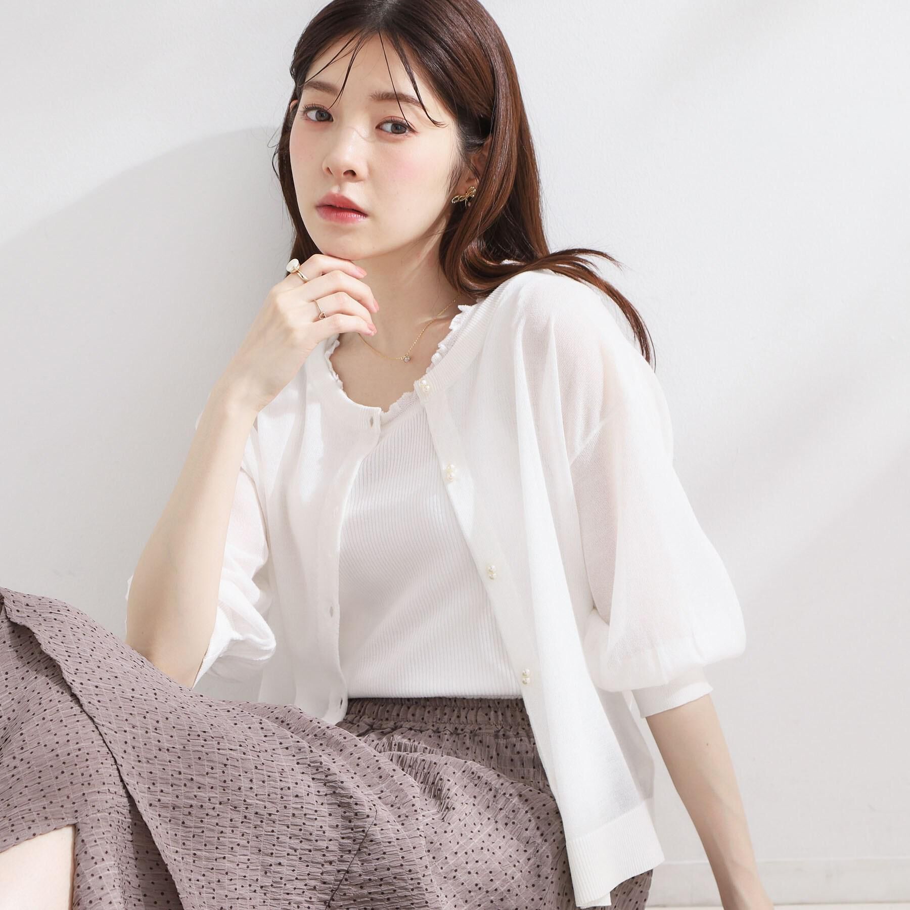 Couture broach「【前後2WAY・洗える】愛され5分袖シアーカーディガン」|カーディガン|