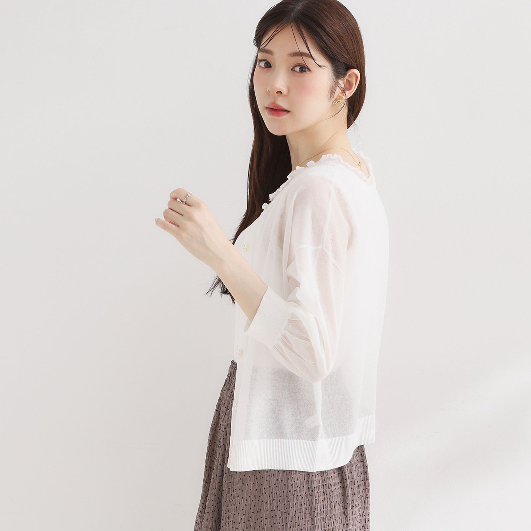 Couture broach「【前後2WAY・洗える】愛され5分袖シアーカーディガン」|カーディガン|