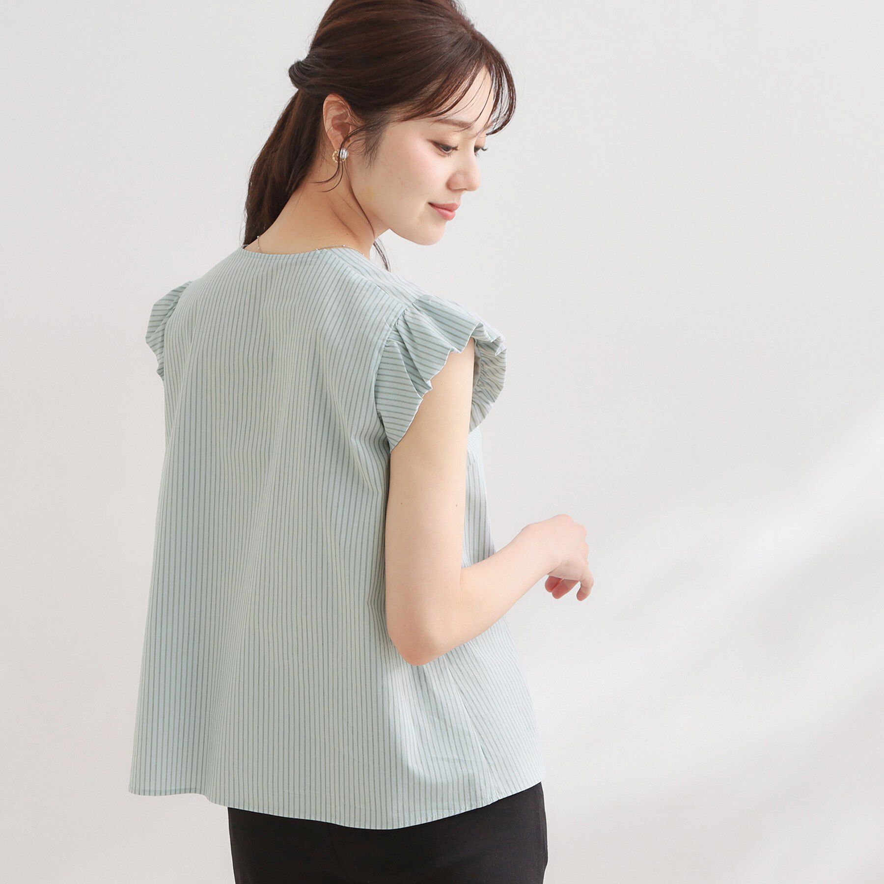 Couture broach「【洗える】リボン調フリル ストライプ ブラウス」|シャツ・ブラウス|