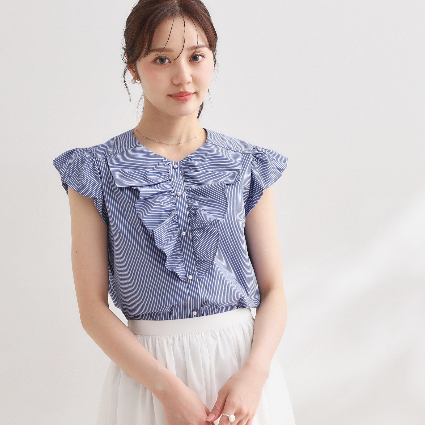 Couture broach「【洗える】リボン調フリル ストライプ ブラウス」|シャツ・ブラウス|