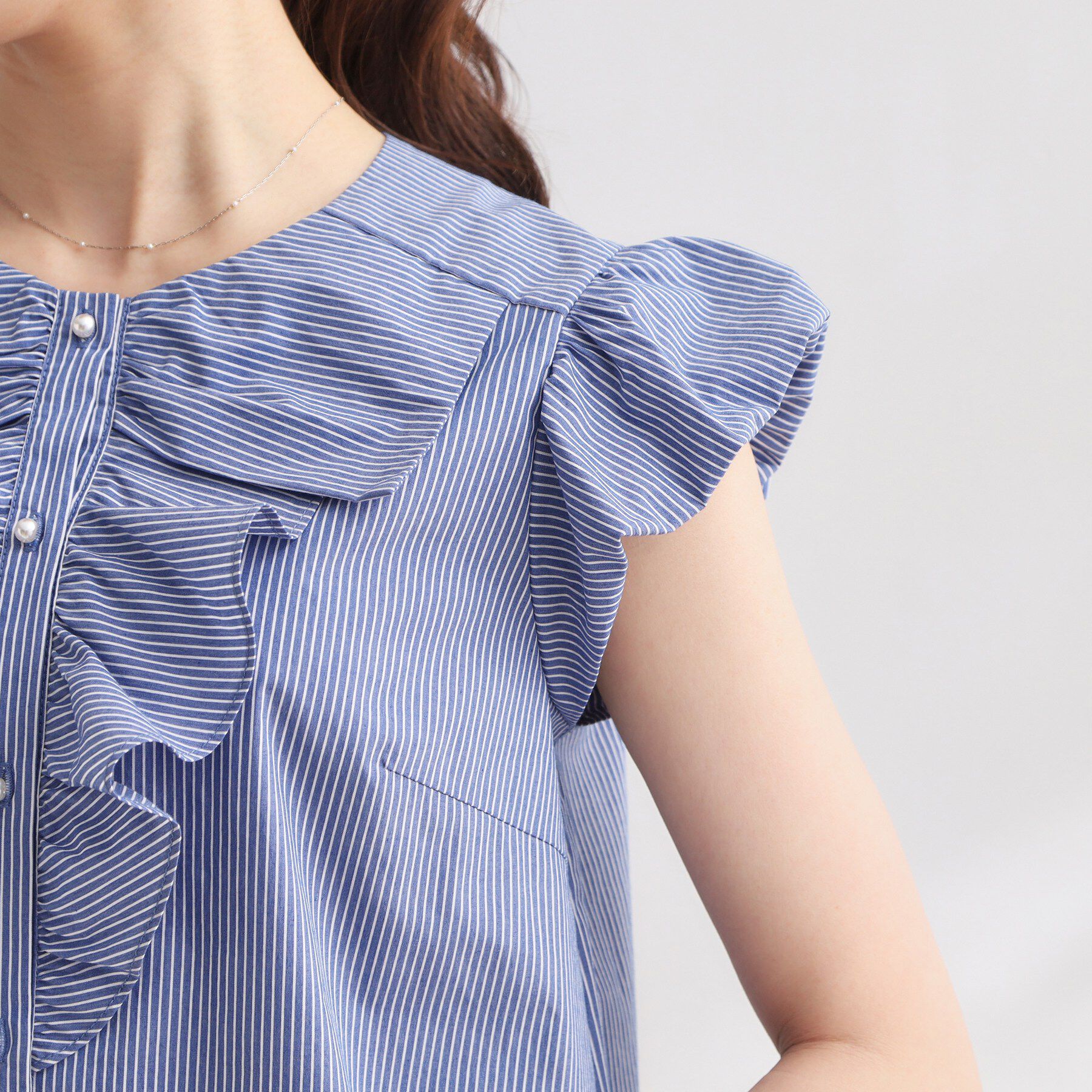 Couture broach「【洗える】リボン調フリル ストライプ ブラウス」|シャツ・ブラウス|