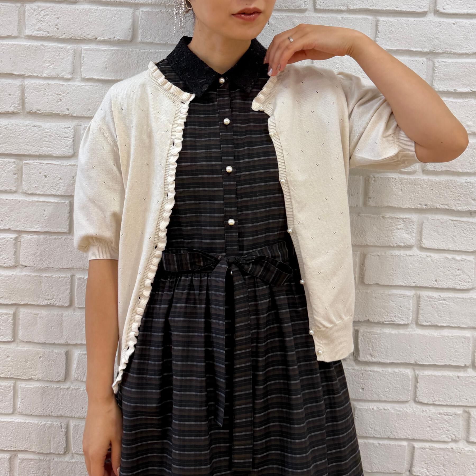 Couture broach「【洗える】透かし編み 半袖フリルカーデ」|カーディガン|