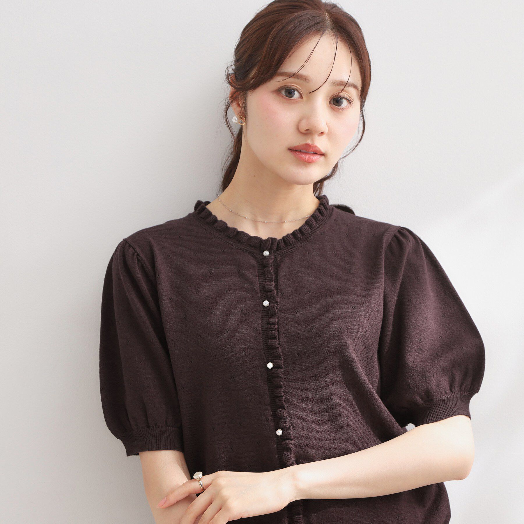 Couture broach「【洗える】透かし編み 半袖フリルカーデ」|カーディガン|