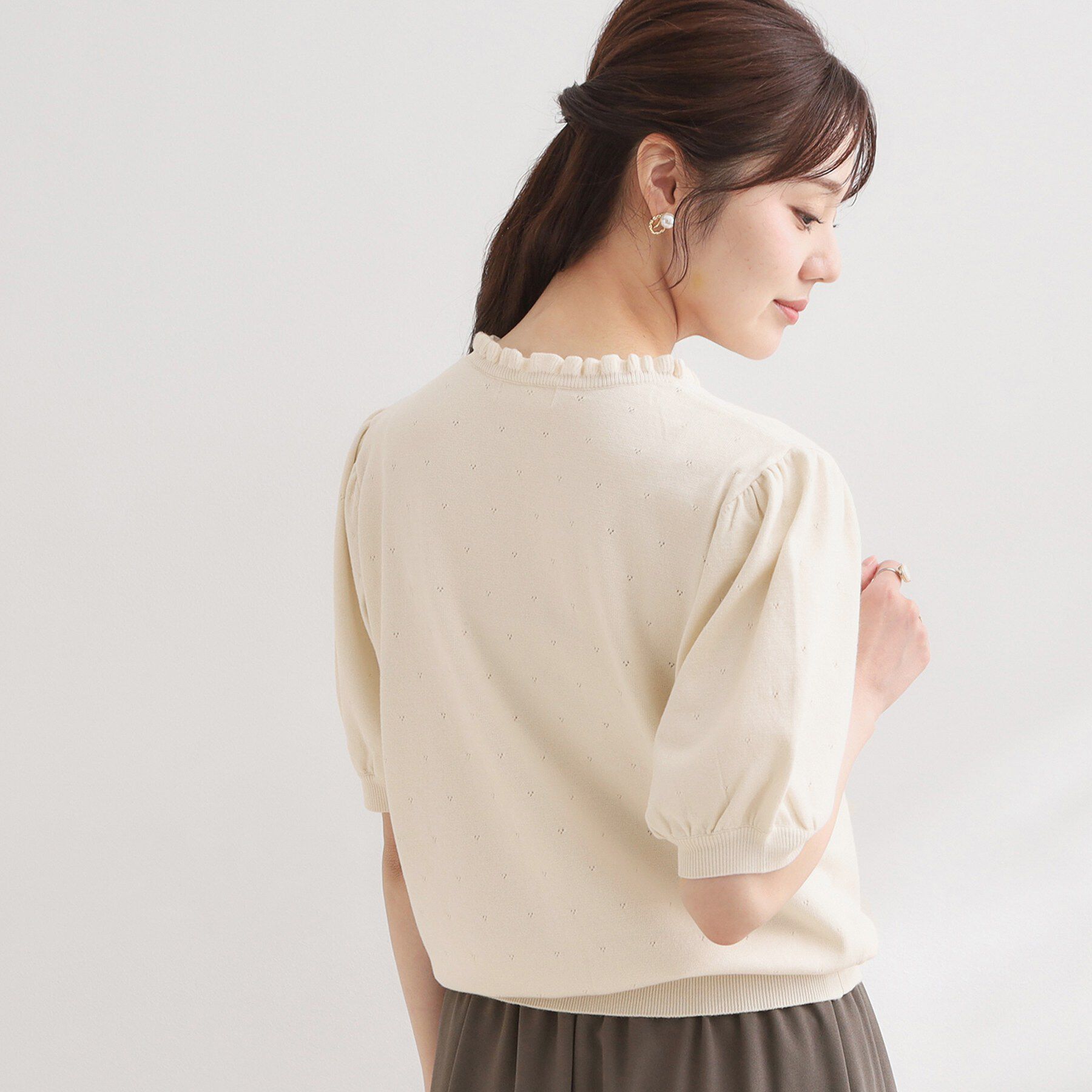 Couture broach「【洗える】透かし編み 半袖フリルカーデ」|カーディガン|