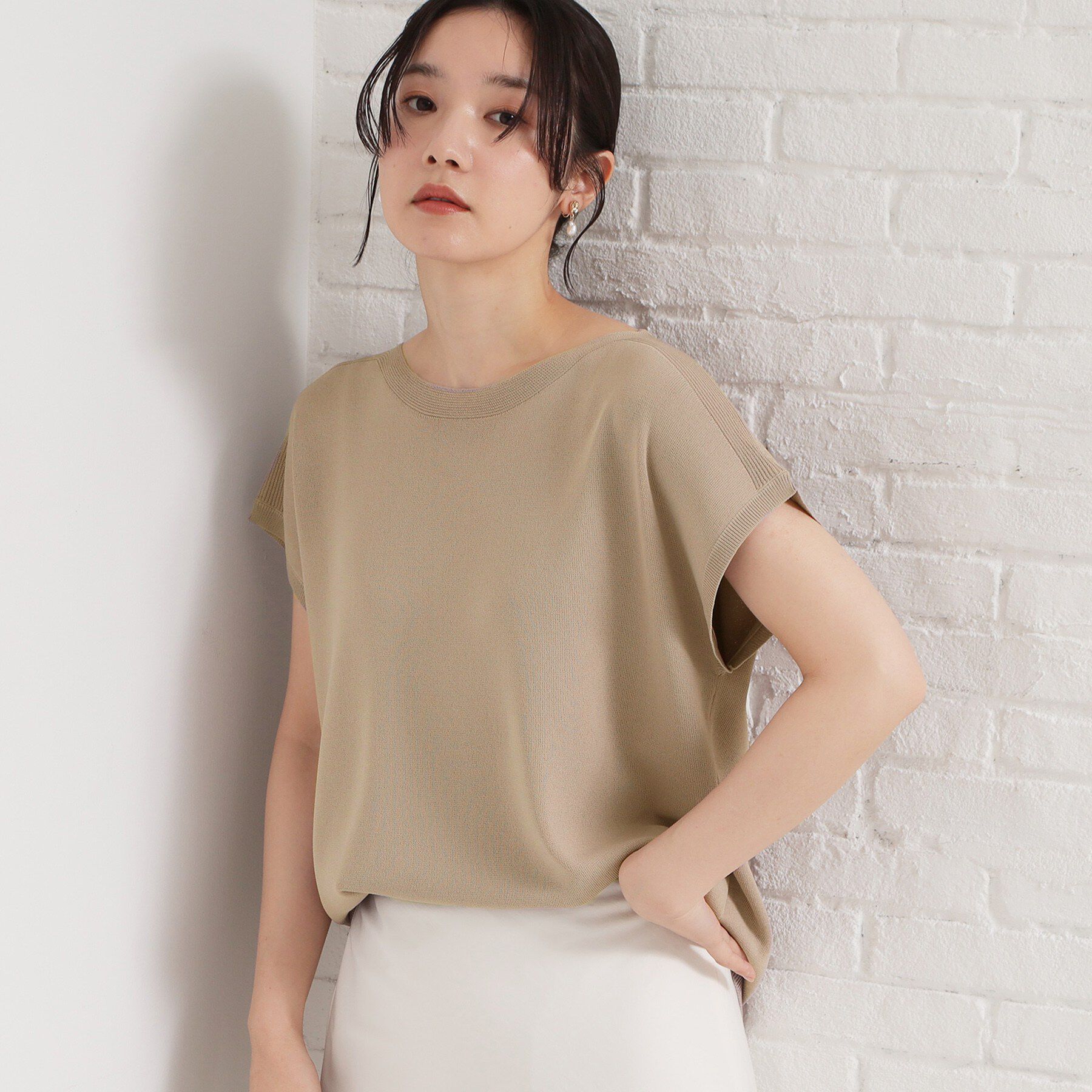 THE SHOP TK「【S-XL/ひんやりタッチ】多機能フレンチスリーブニット 洗濯機OK/UVケア/毛玉になりにくい」|ニット・セーター|ベージュ(052)
