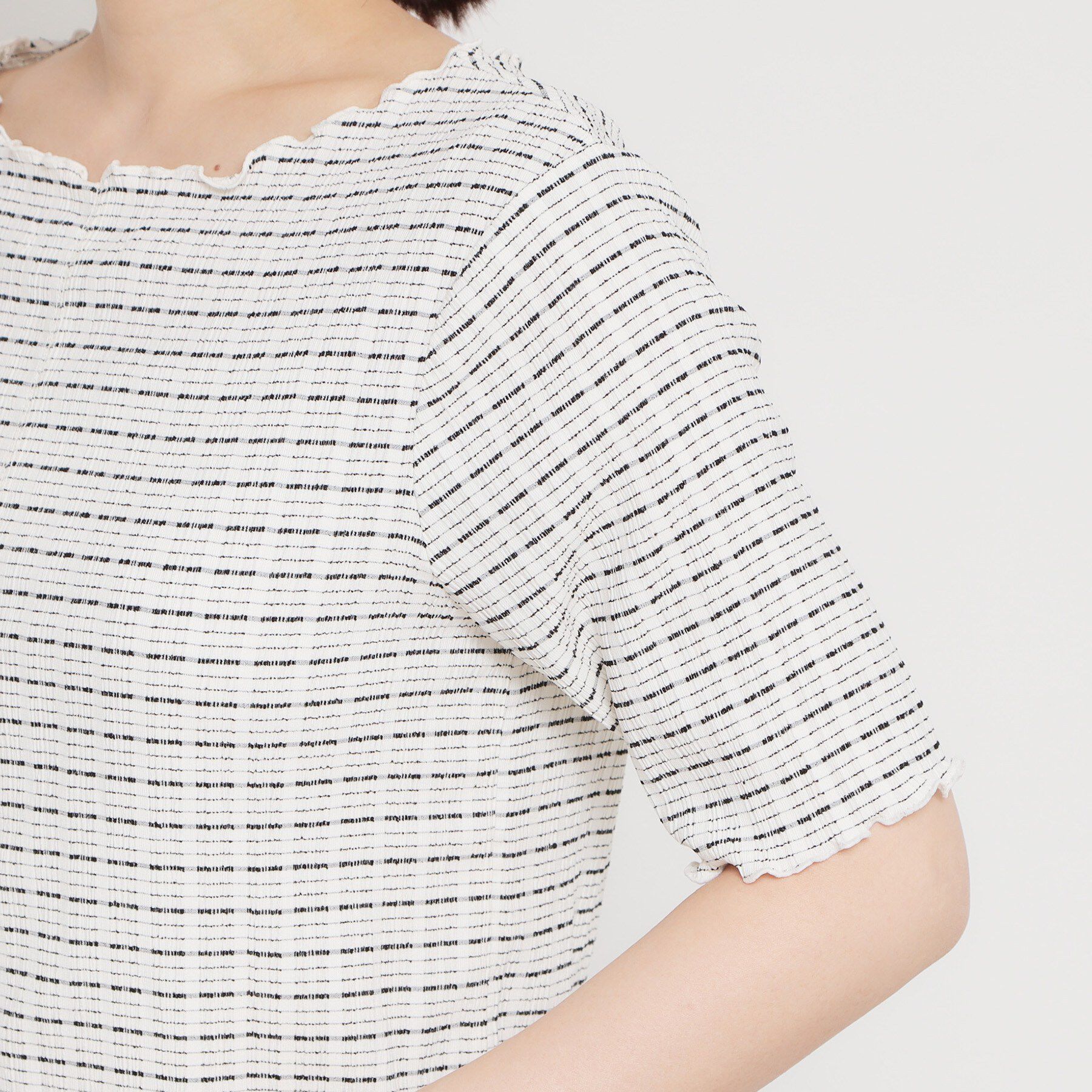 THE SHOP TK「さりげないフリルがアクセント チェック柄5分袖カットソー」|Tシャツ・カットソー|