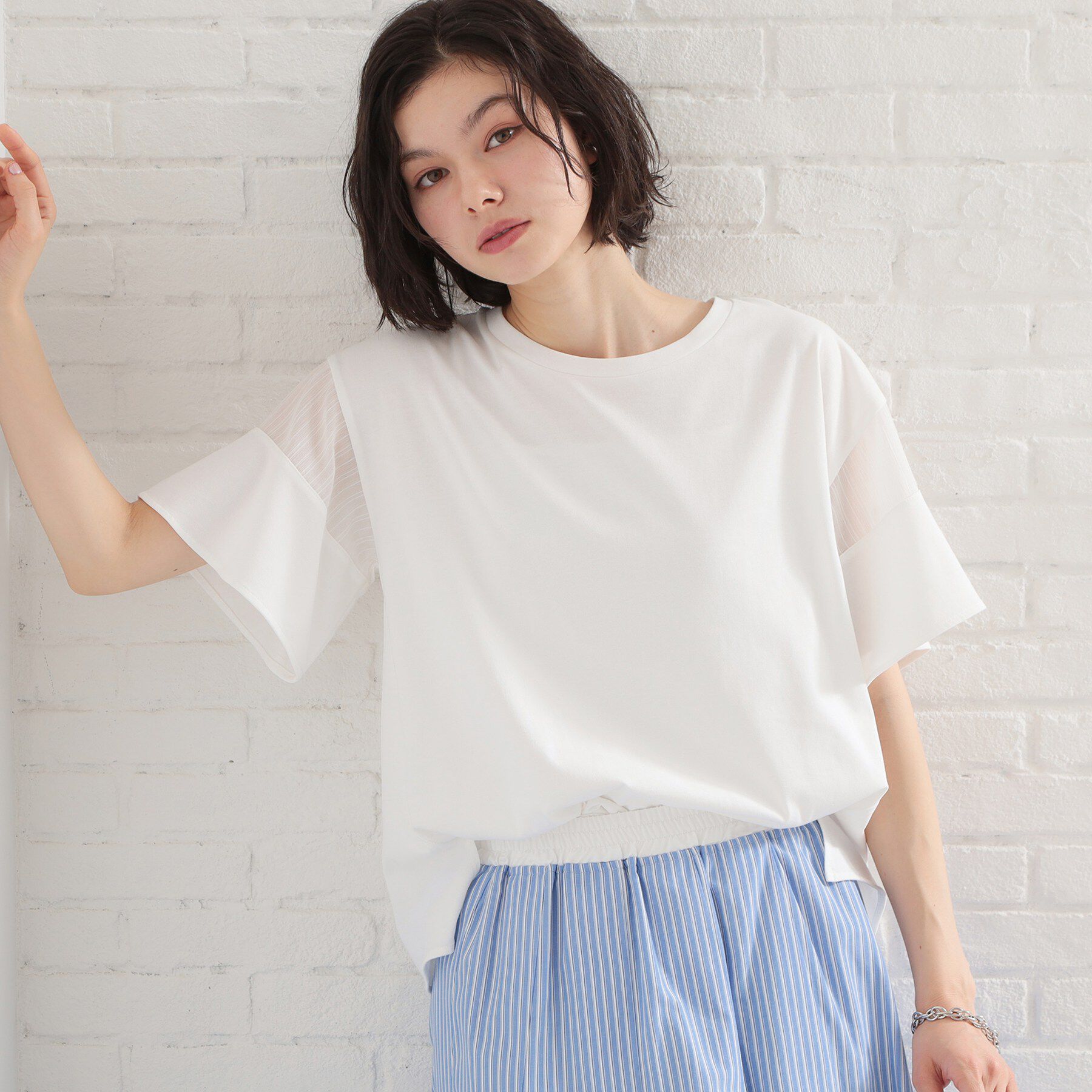 THE SHOP TK「【ひんやりさらさら】軽やかに揺れる シアーフレアスリーブTシャツ」|Tシャツ・カットソー|