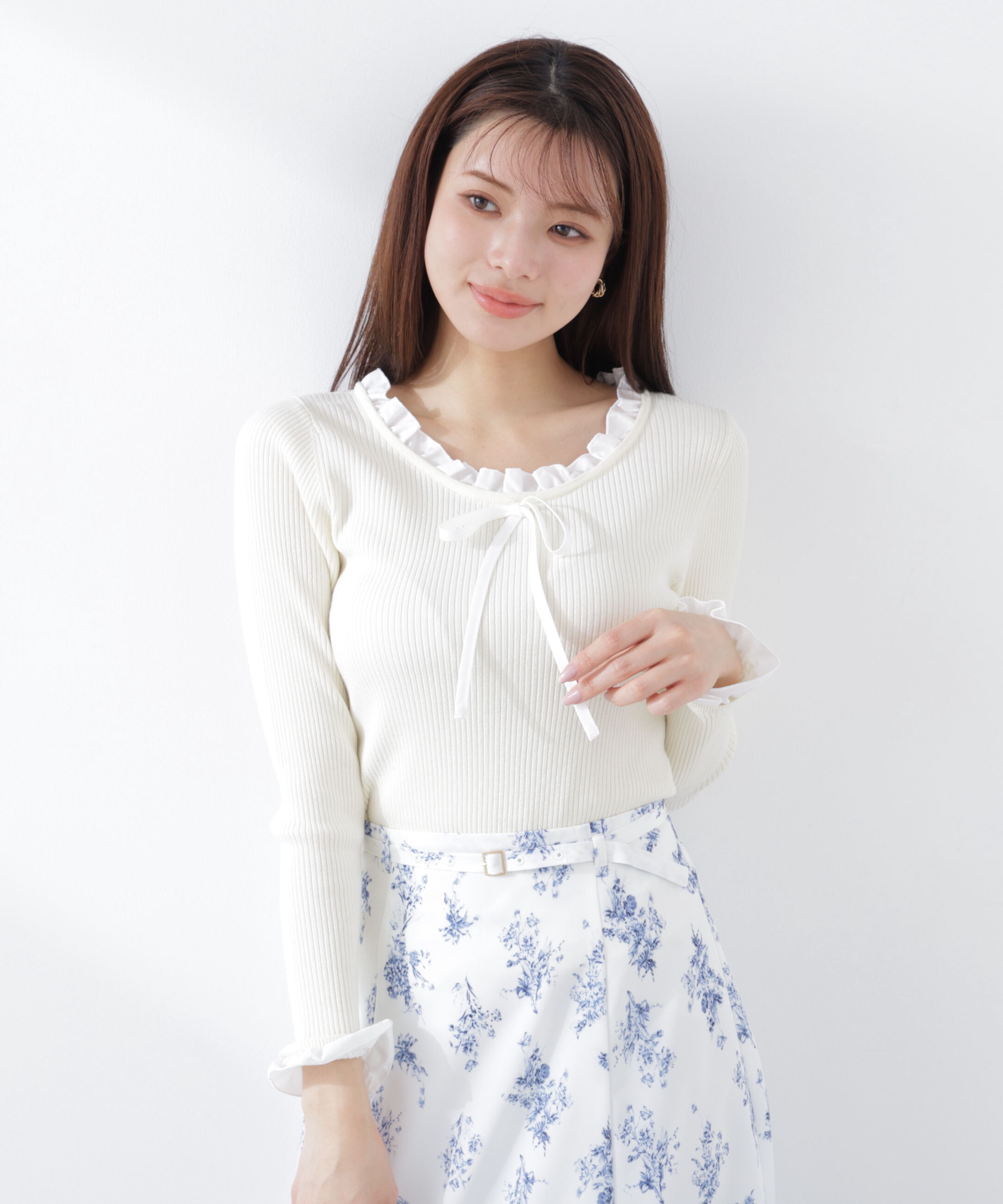 PROPORTION BODY DRESSING「リボン付きフリルニットトップス　26SS」|ニット・セーター|