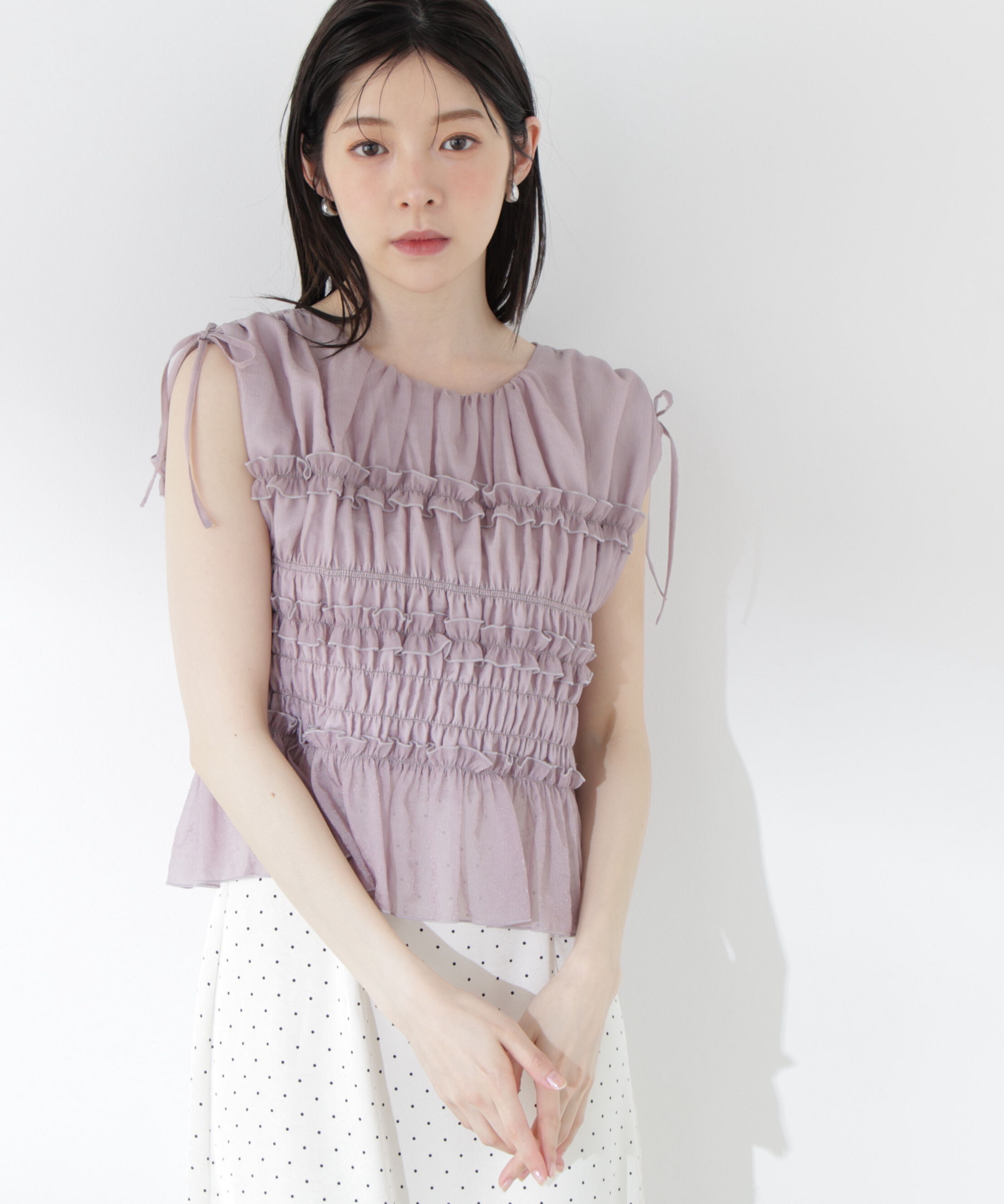 PROPORTION BODY DRESSING「〈a/mie〉シャーリングフリルブラウス＜ブルー：WEB限定＞」|シャツ・ブラウス|ピンク