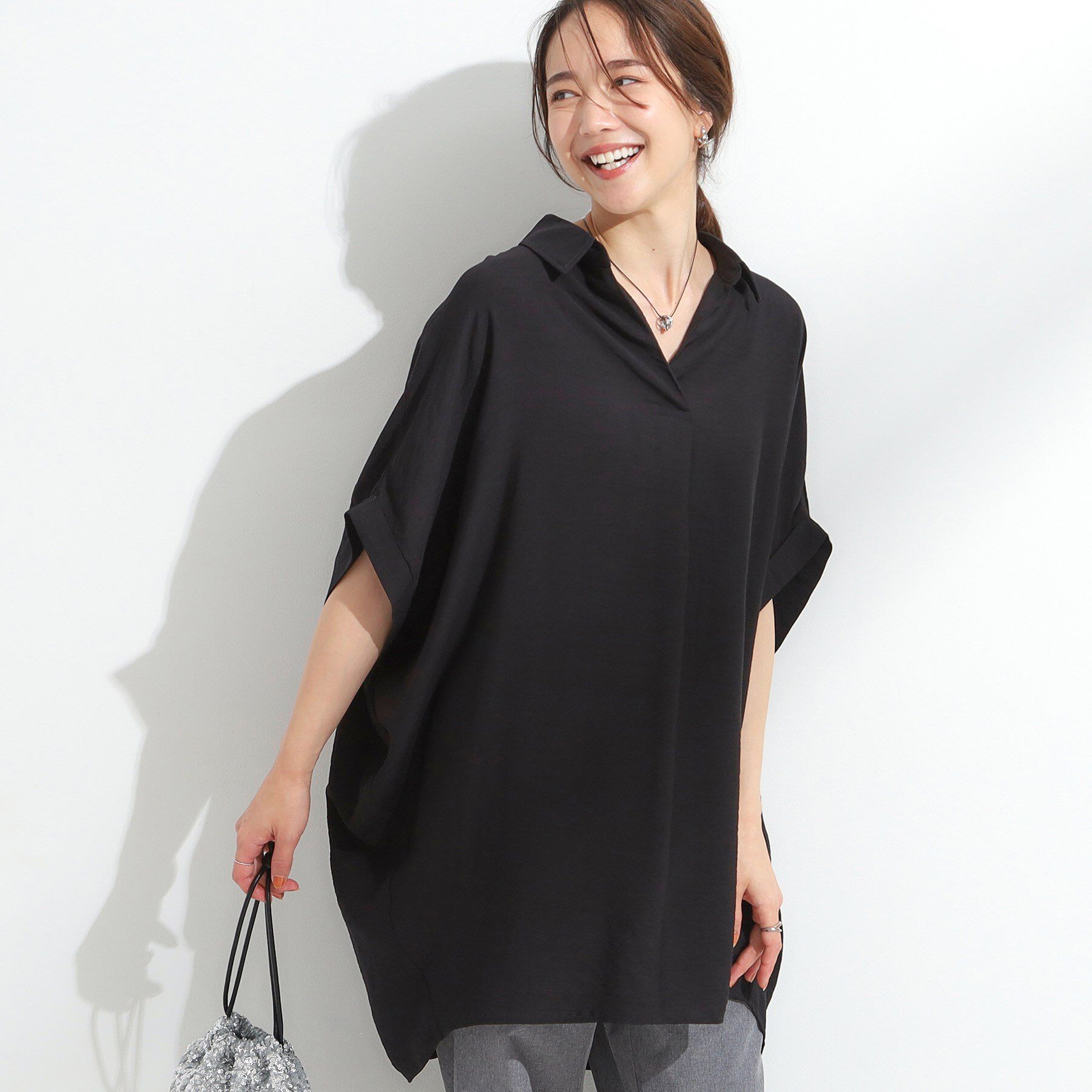 SHOO･LA･RUE「【ひんやり】すっきりきれいに体型カバー コクーンシルエットワンピース」|チュニック|ブラック(019)