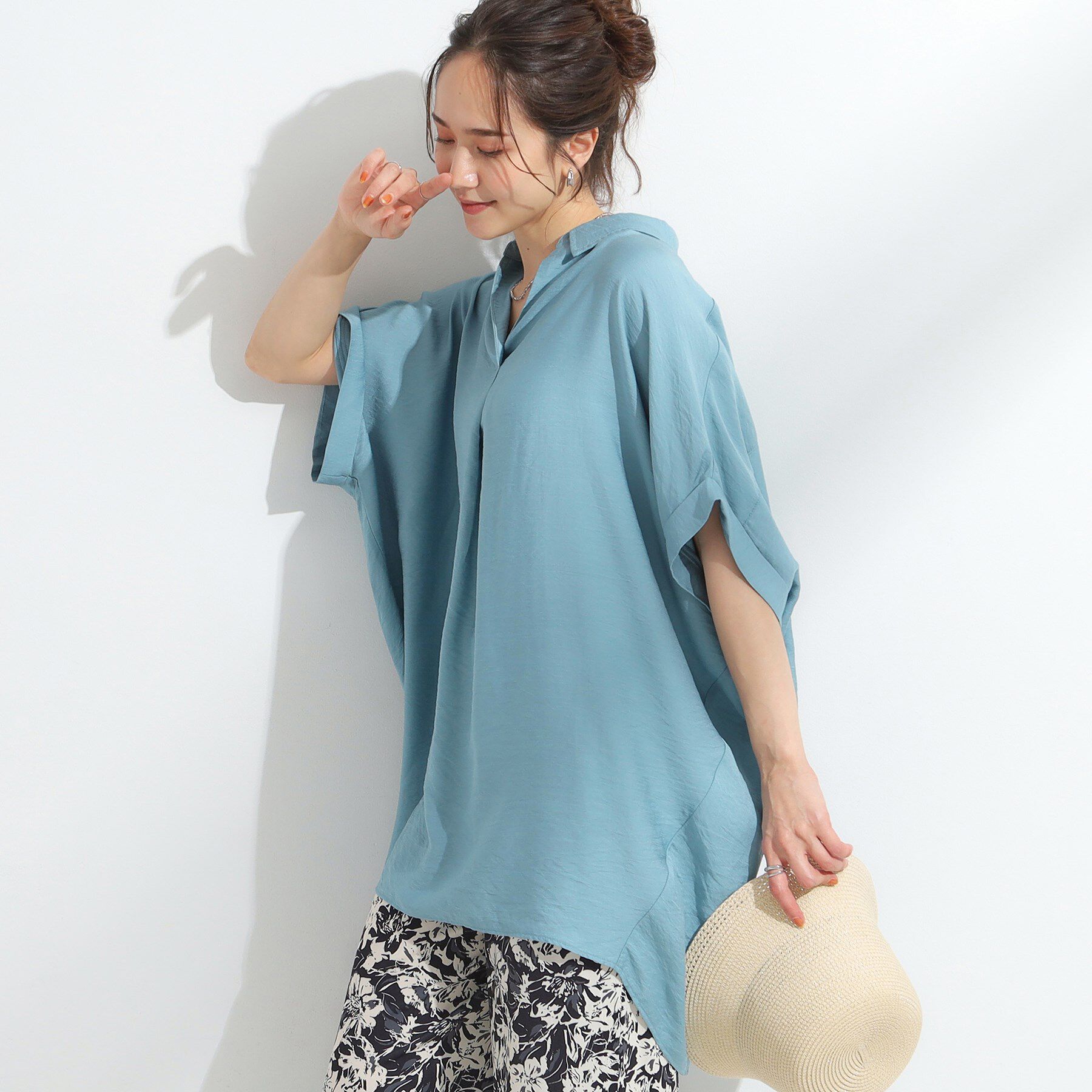 SHOO･LA･RUE「【ひんやり】すっきりきれいに体型カバー コクーンシルエットワンピース」|チュニック|ブルー(091)