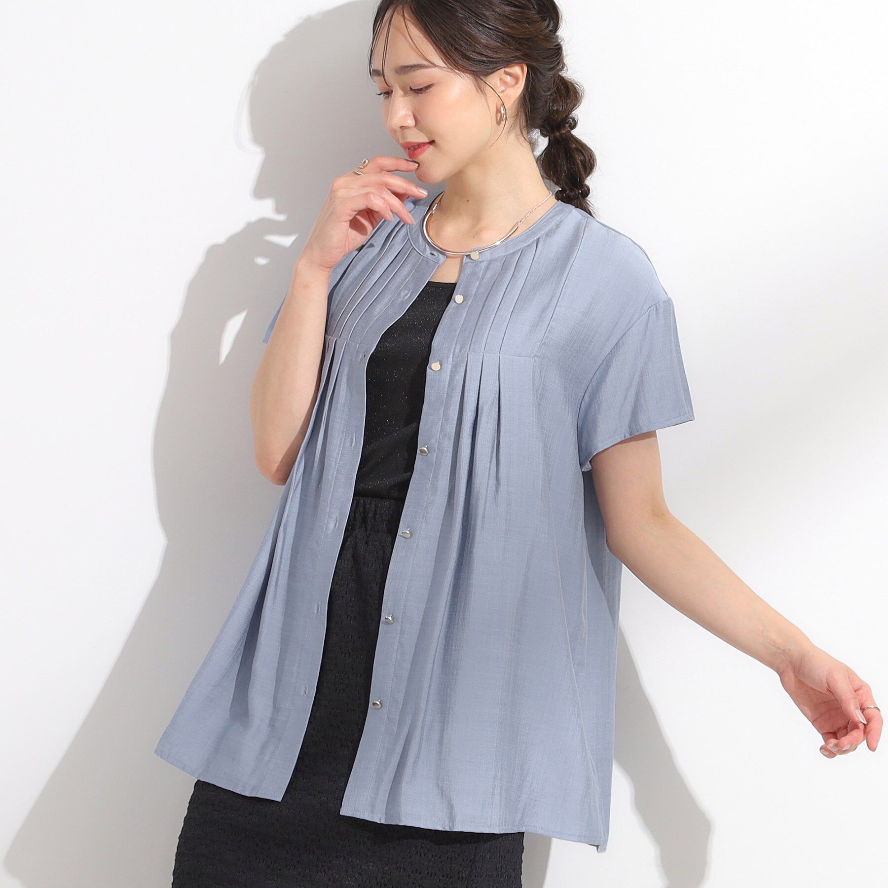 SHOO･LA･RUE「【S-LL/ひんやり】インせず決まる タックプリーツシャツ」|シャツ・ブラウス|ブルー(092)