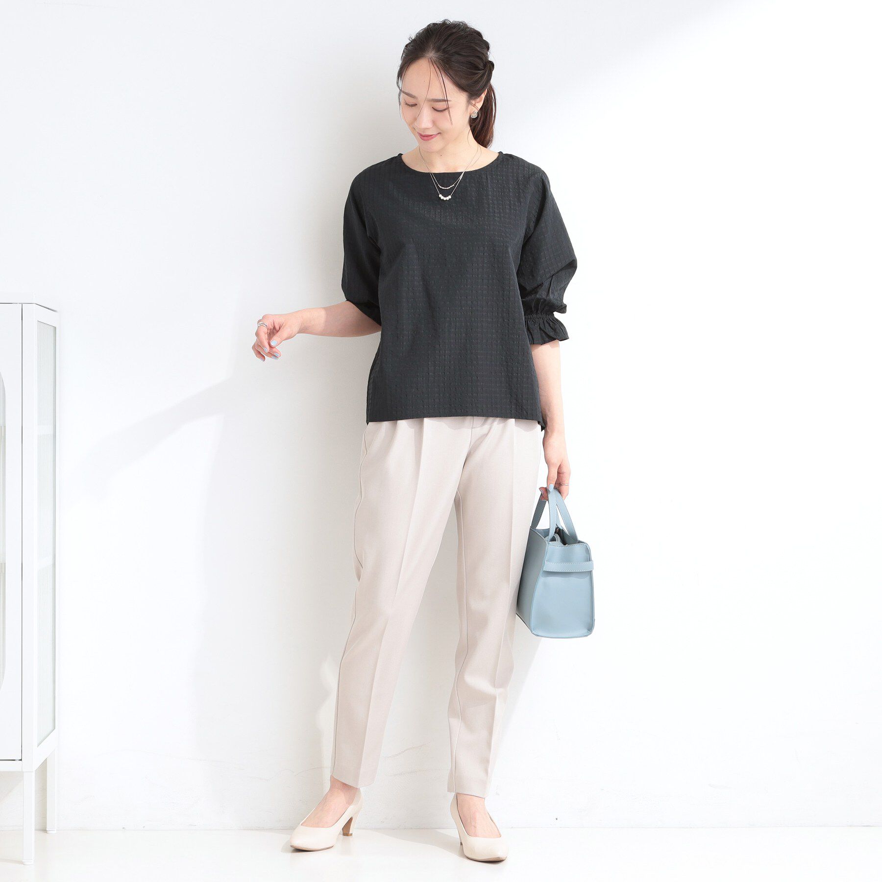 SHOO･LA･RUE「【セットアップ可/洗濯機可】上品チェックが好印象 ゆるさら6分袖ブラウス」|シャツ・ブラウス|