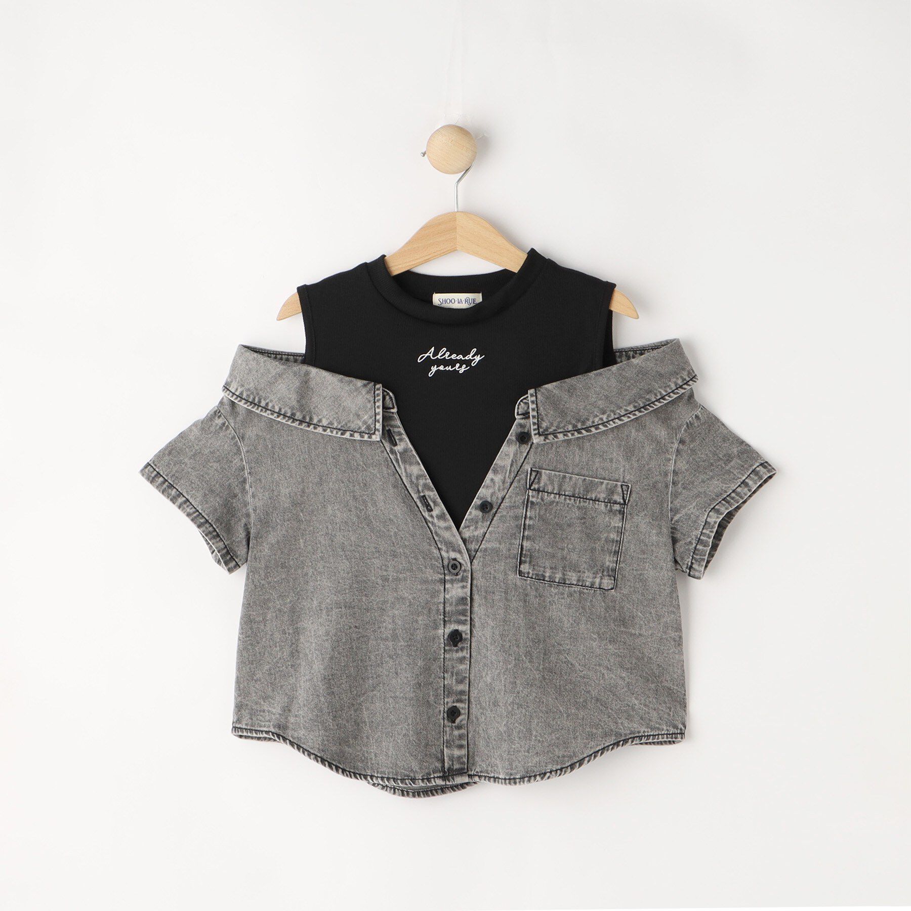 SHOO･LA･RUE「【120-150cm】肩あきデニムドッキングシャツ」|Tシャツ・カットソー|