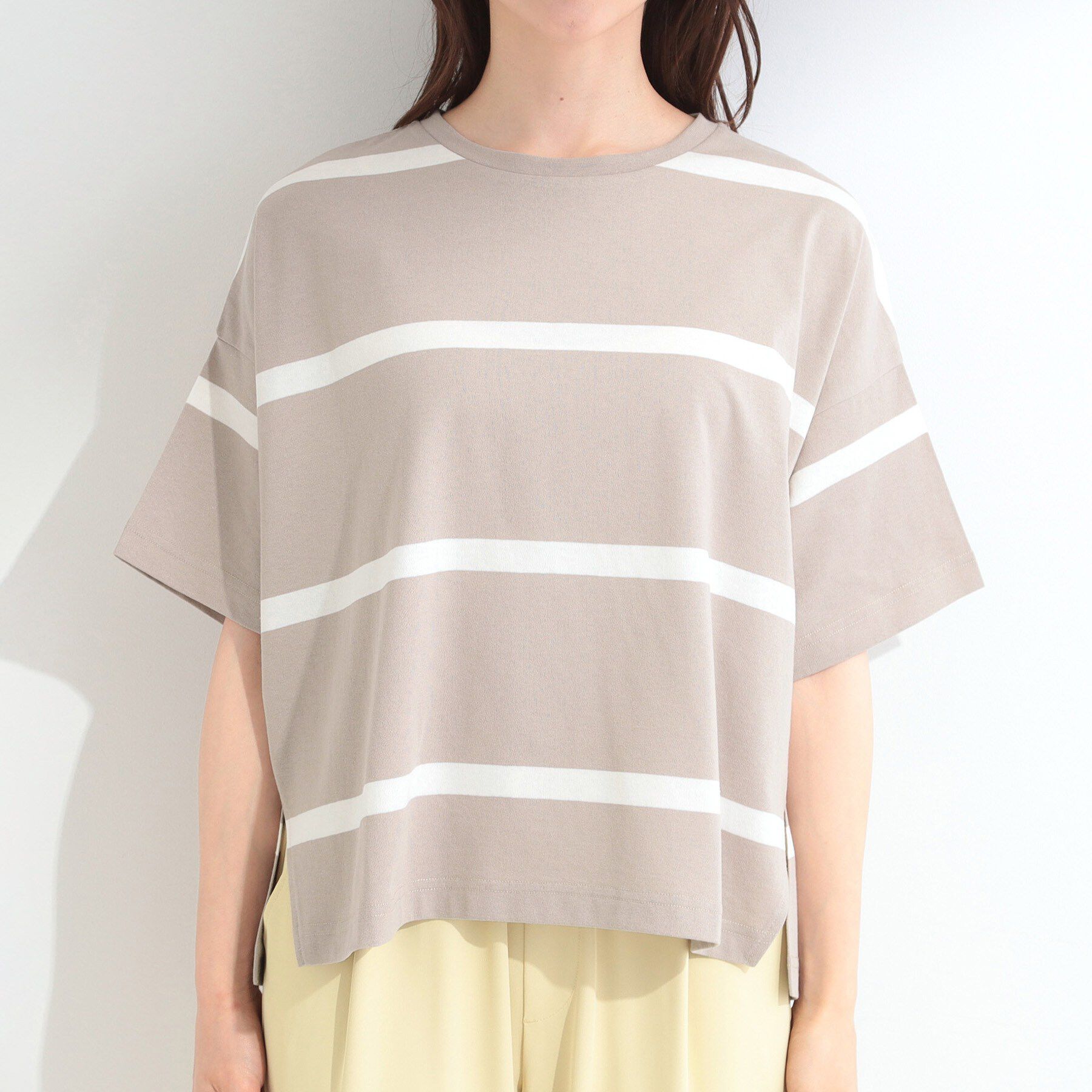 SHOO･LA･RUE「【ひんやり/S-LL】涼しげで爽やか 太ボーダー斜め切り替えTシャツ」|Tシャツ・カットソー|