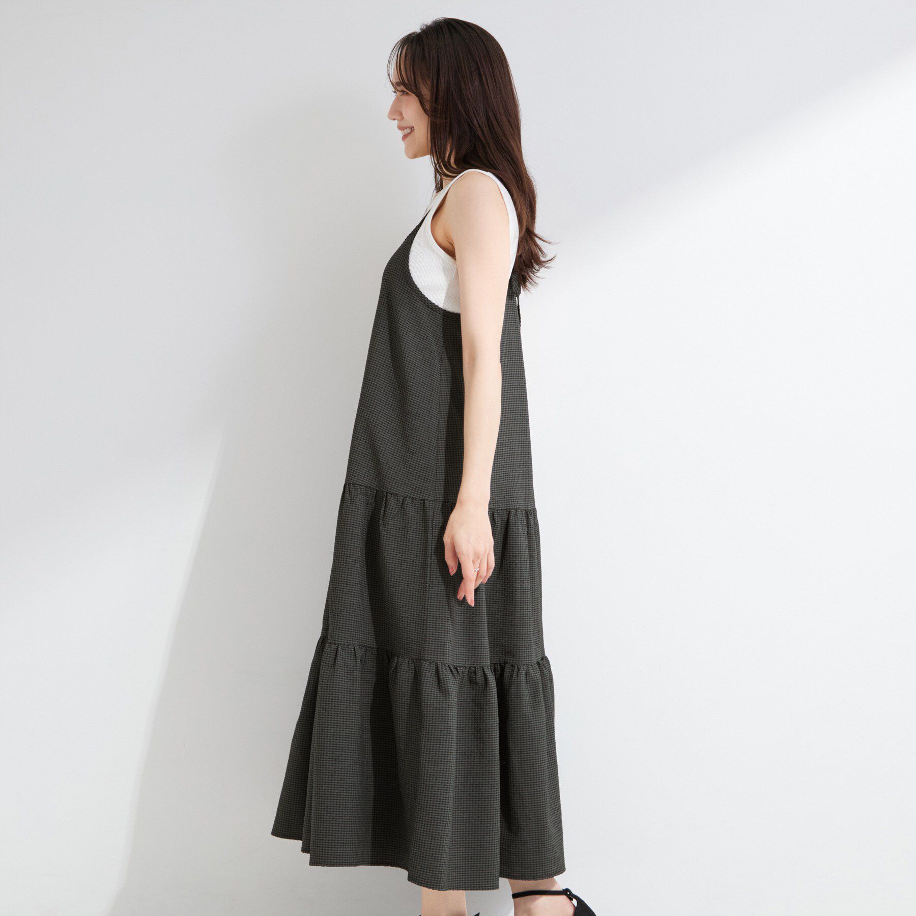 SHOO･LA･RUE「【S-LL/洗濯機可】ほんのり甘いチェック柄 ティアードキャミワンピース」|ワンピース|