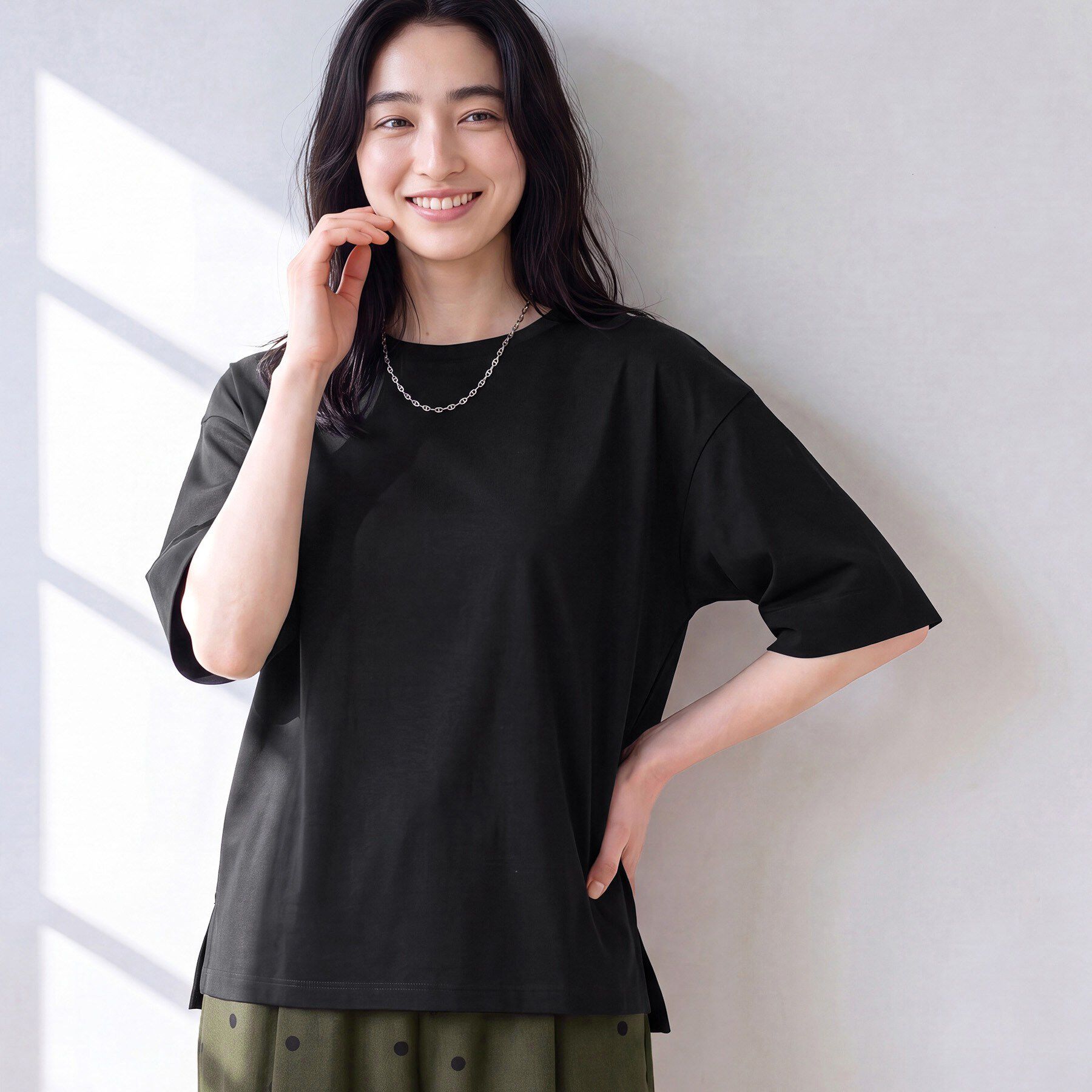 Dessin「【汗シミ防止/UVカット】配色スリーブ 五分袖プルオーバー」|Tシャツ・カットソー|