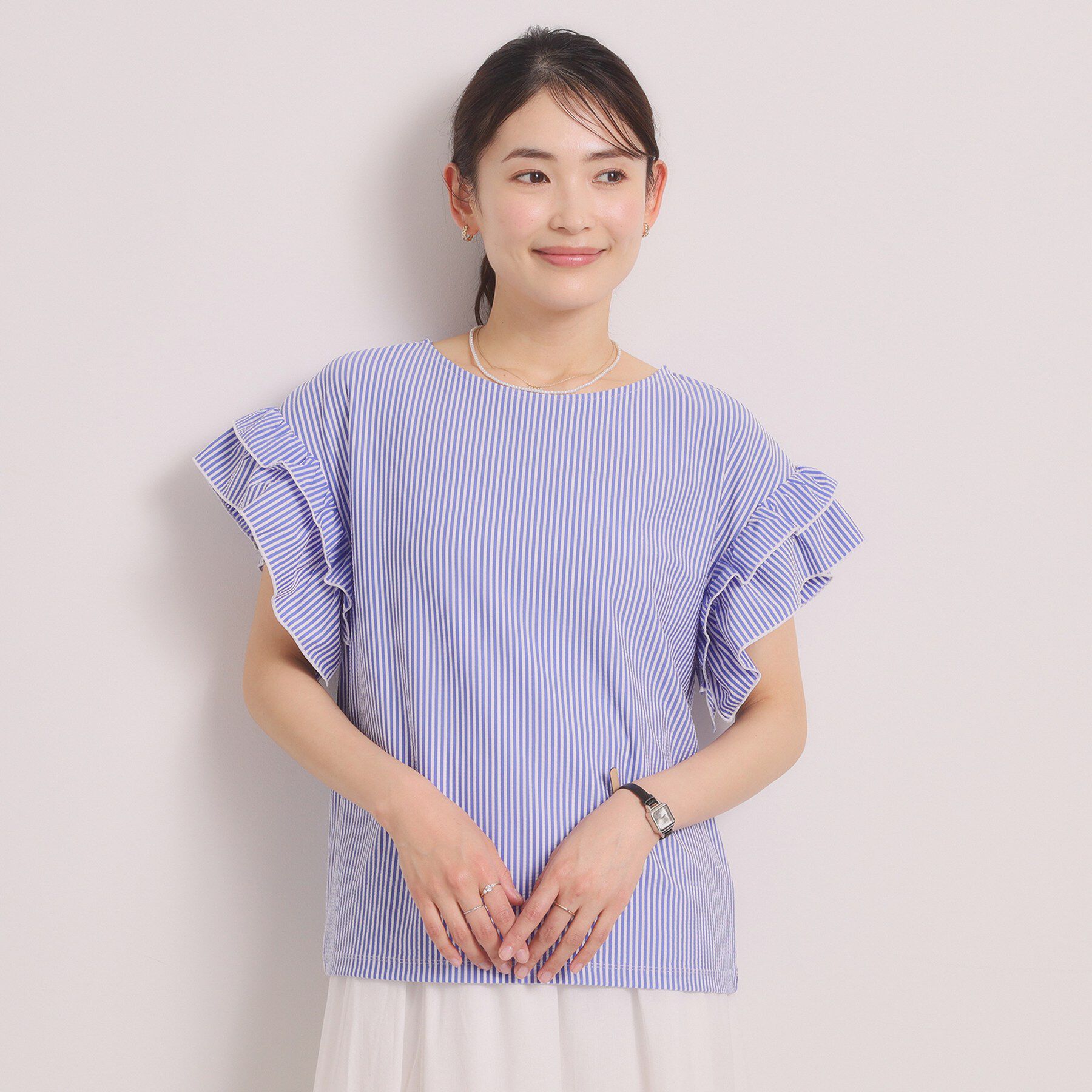 ITS&rsquo;DEMO「カットサッカー袖フリルトップス」|Tシャツ・カットソー|ネイビー(394)