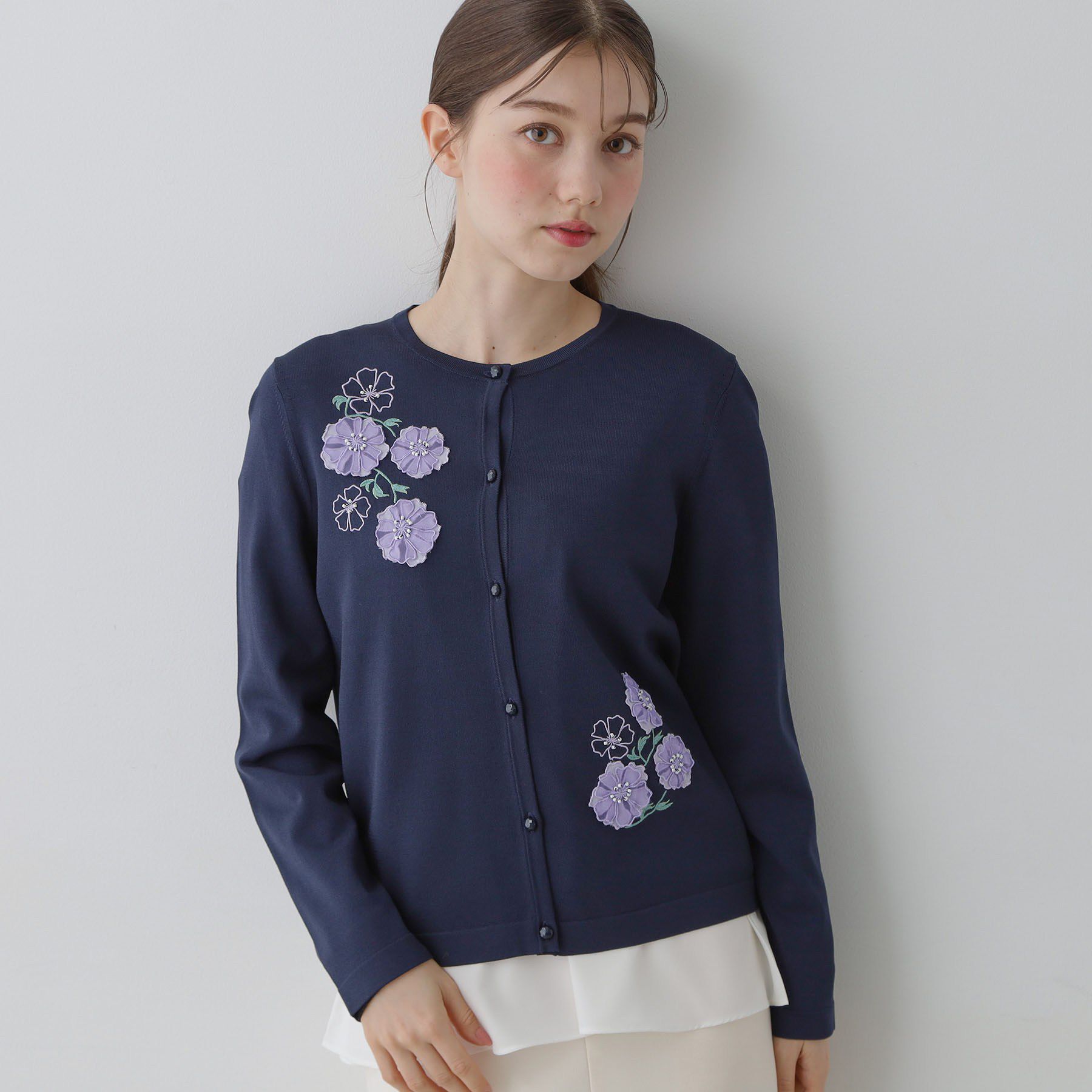 SunaUna「【SS～Lサイズ展開／フラワー刺繍】クラフトニットカーディガン」|カーディガン|ネイビー(094)