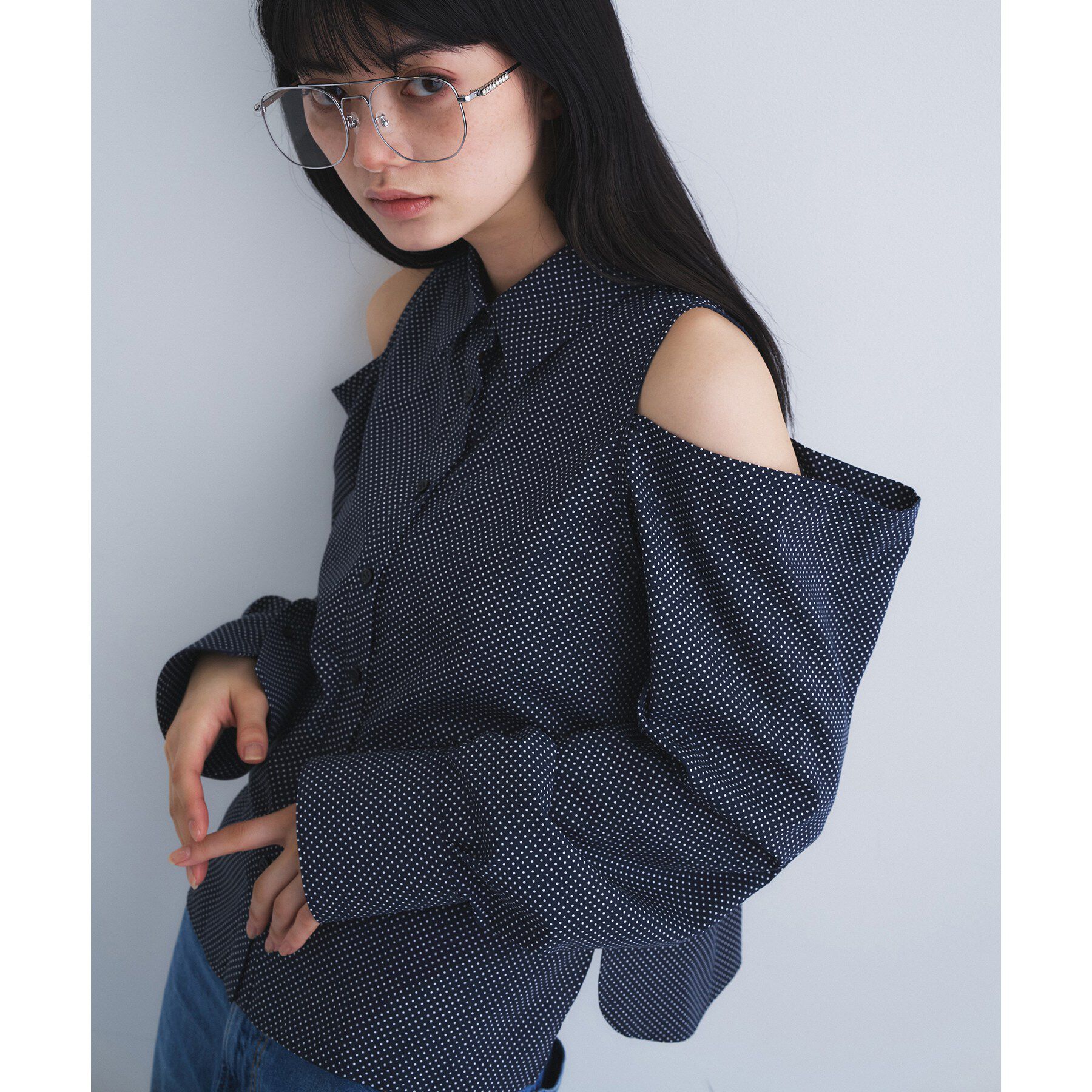 CODE A「dots open shoulder shirts」|シャツ・ブラウス|ネイビー(694)