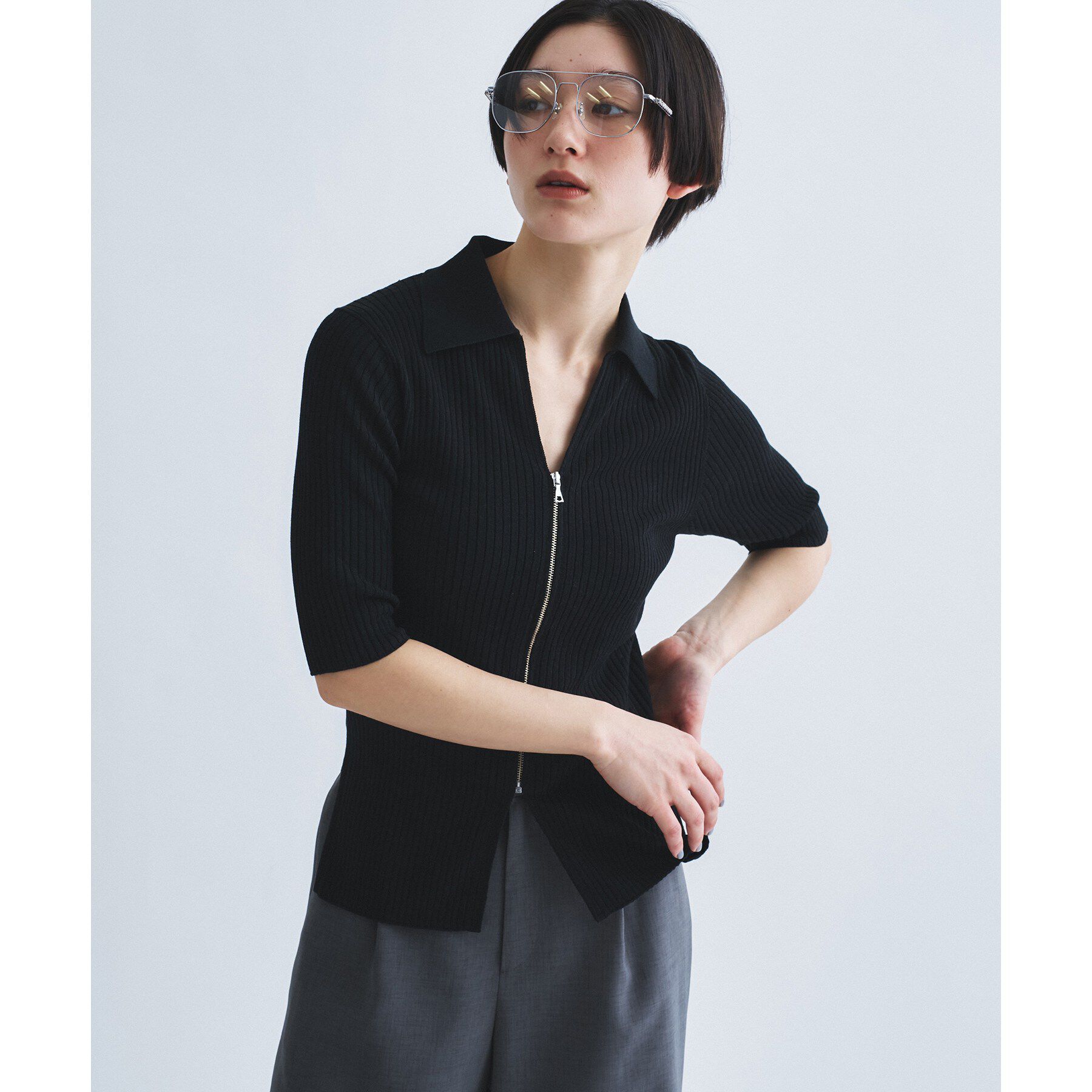 CODE A「rib zip cardigan」|カーディガン|ブラック(019)