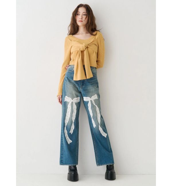 EVRIS「リボンレースワイドデニムパンツ」|デニム|