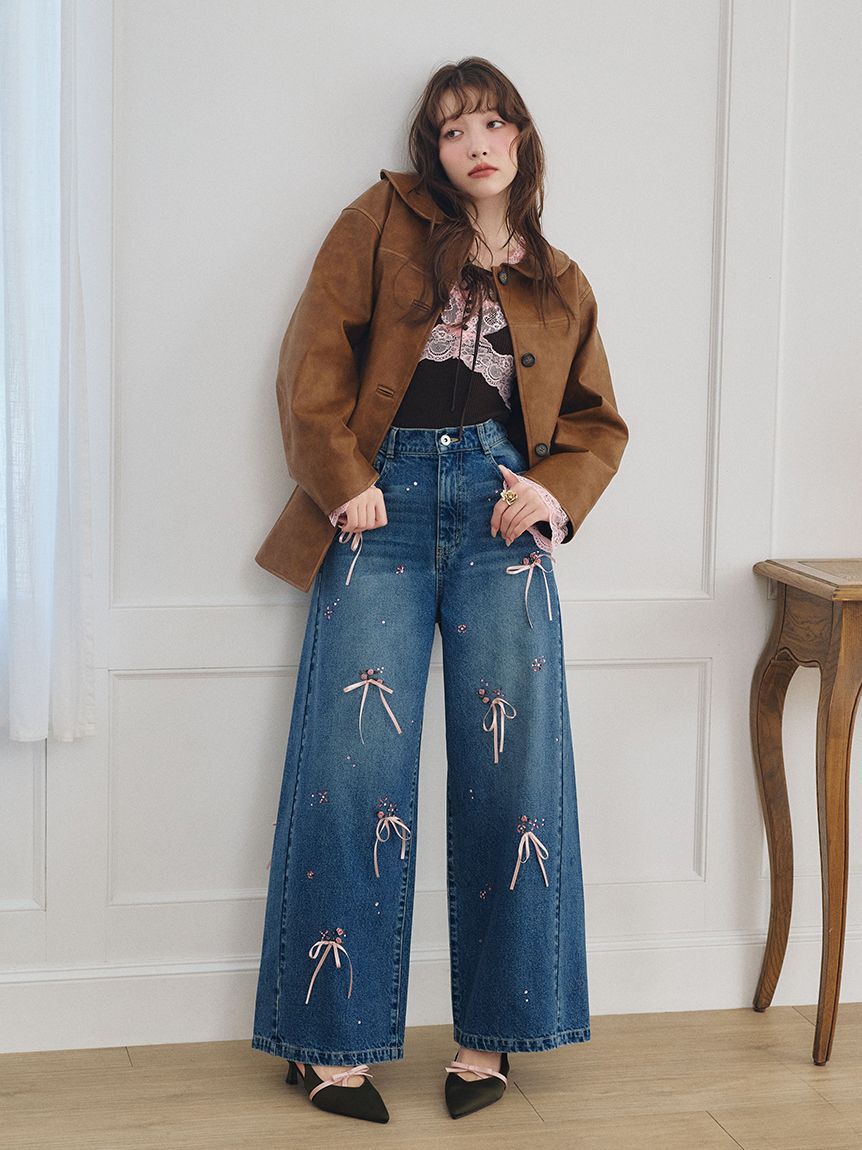 LILY BROWN「【WEB限定00サイズ】[L.B CANDY STOCK] フラワービジューデニムパンツ」|デニム|