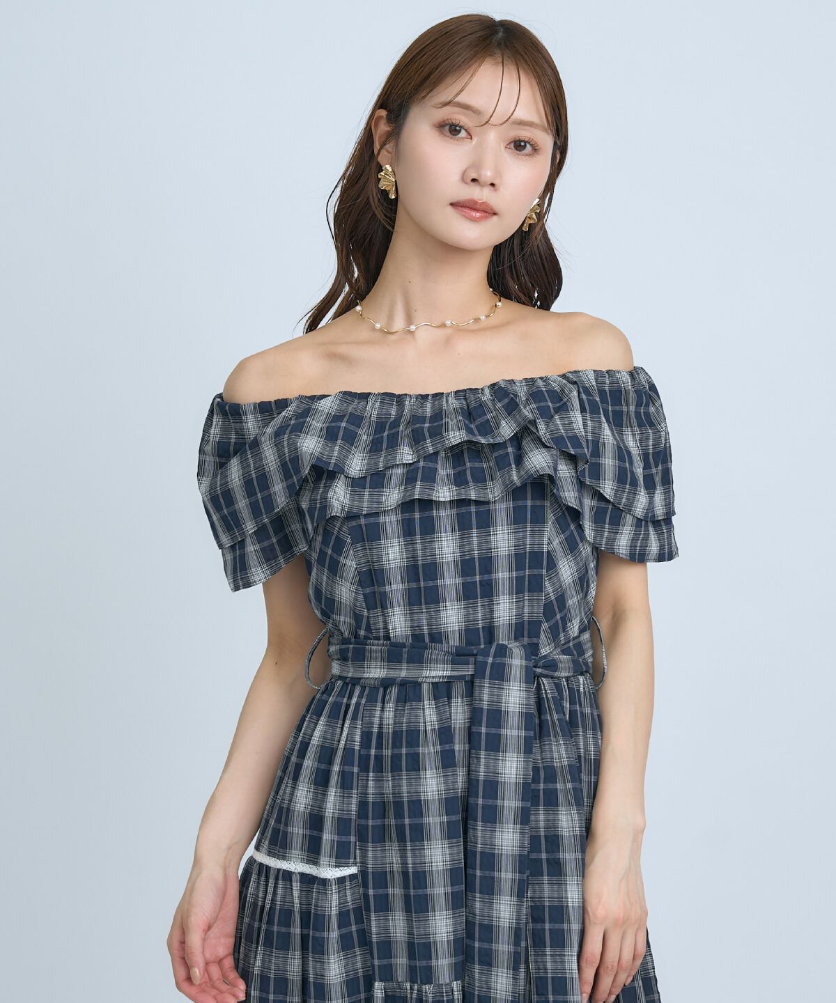 アンドクチュール「オフショルチェックフレアワンピース」|ワンピース|