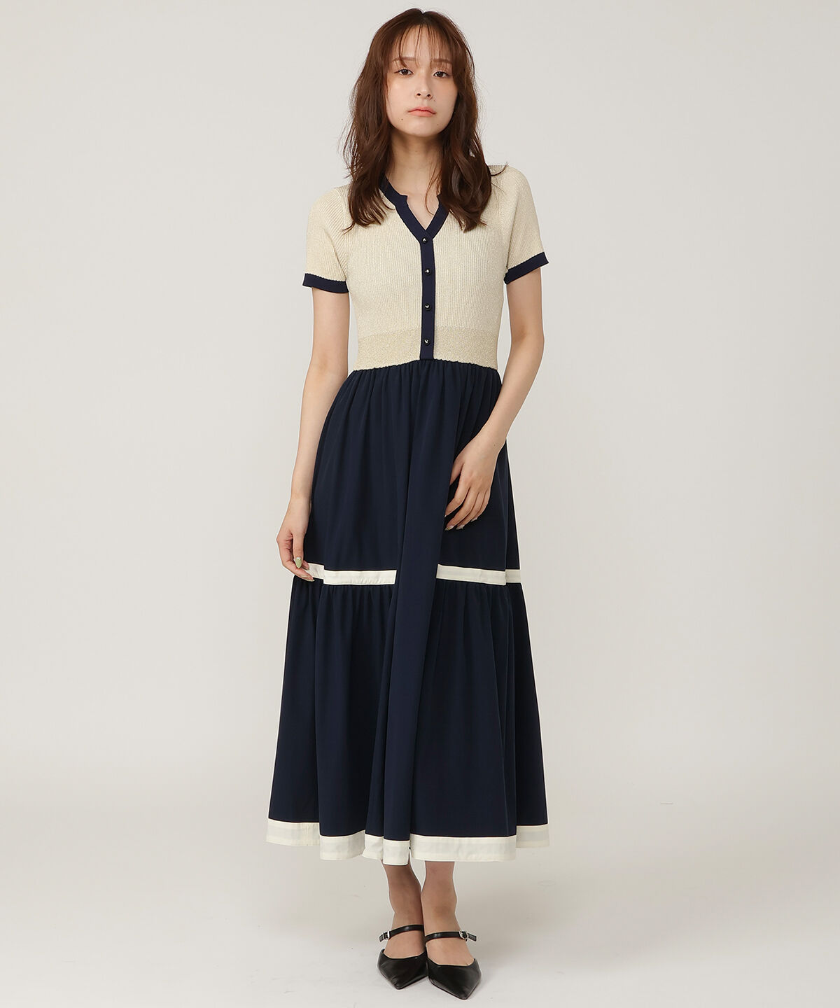 アンドクチュール「ラメ入り配色ドッキングワンピース」|ワンピース|