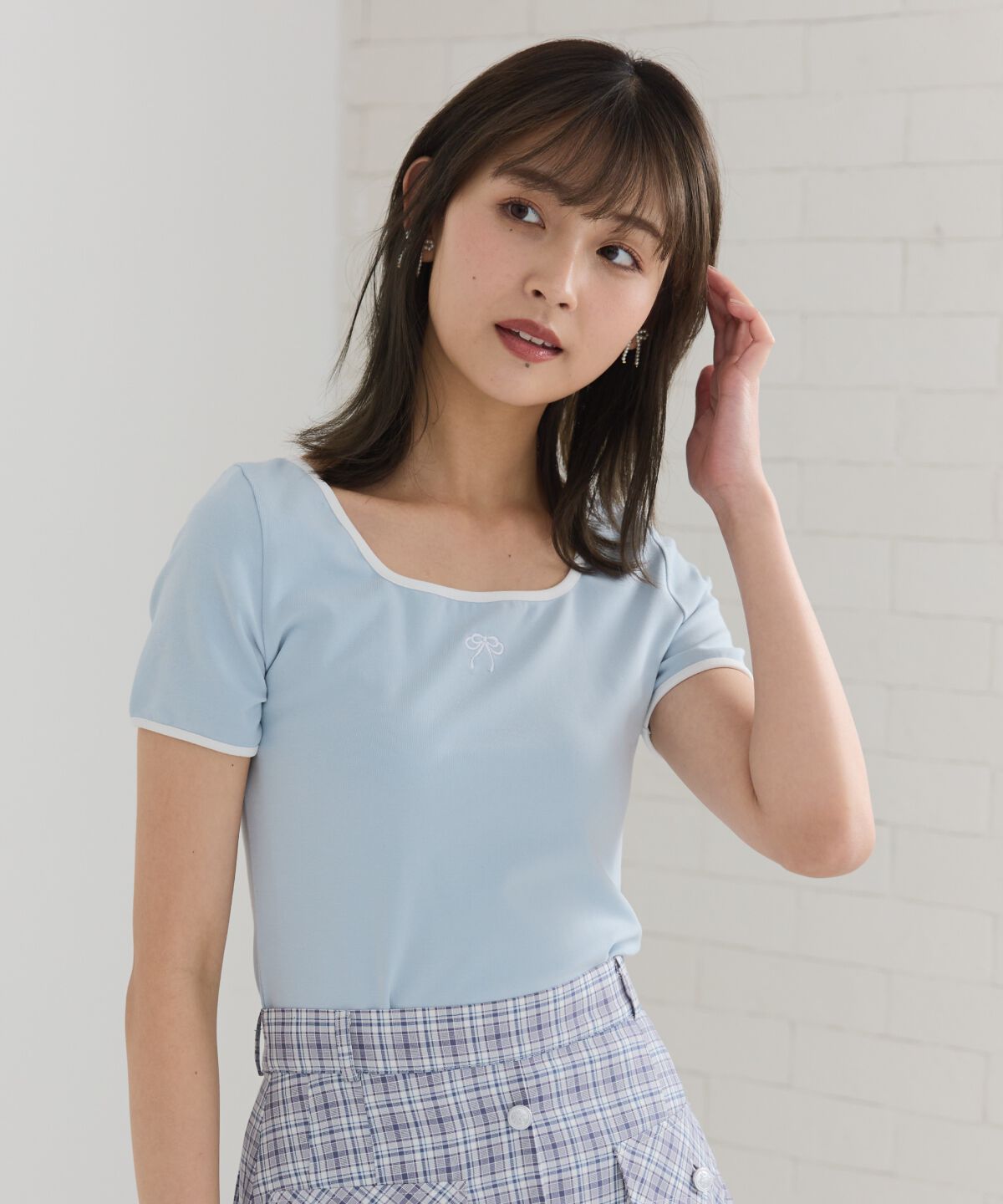 REDYAZEL「リボンエンブロイダリーパイピングＴシャツ」|Tシャツ・カットソー|サックス