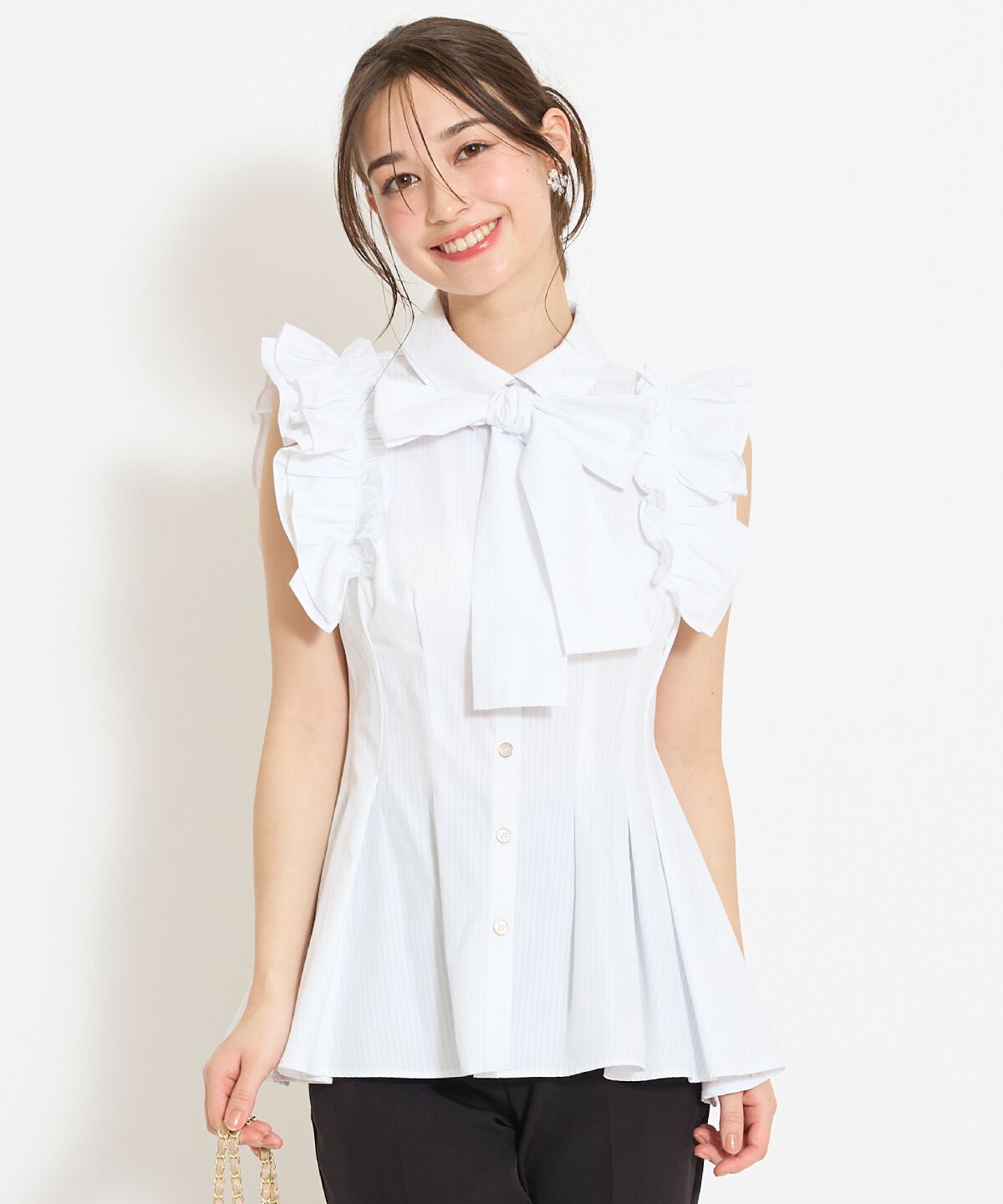 WILLSELECTION「フリルスリーブペプラムブラウス」|シャツ・ブラウス|white/borderｽﾄﾗｲﾌﾟ