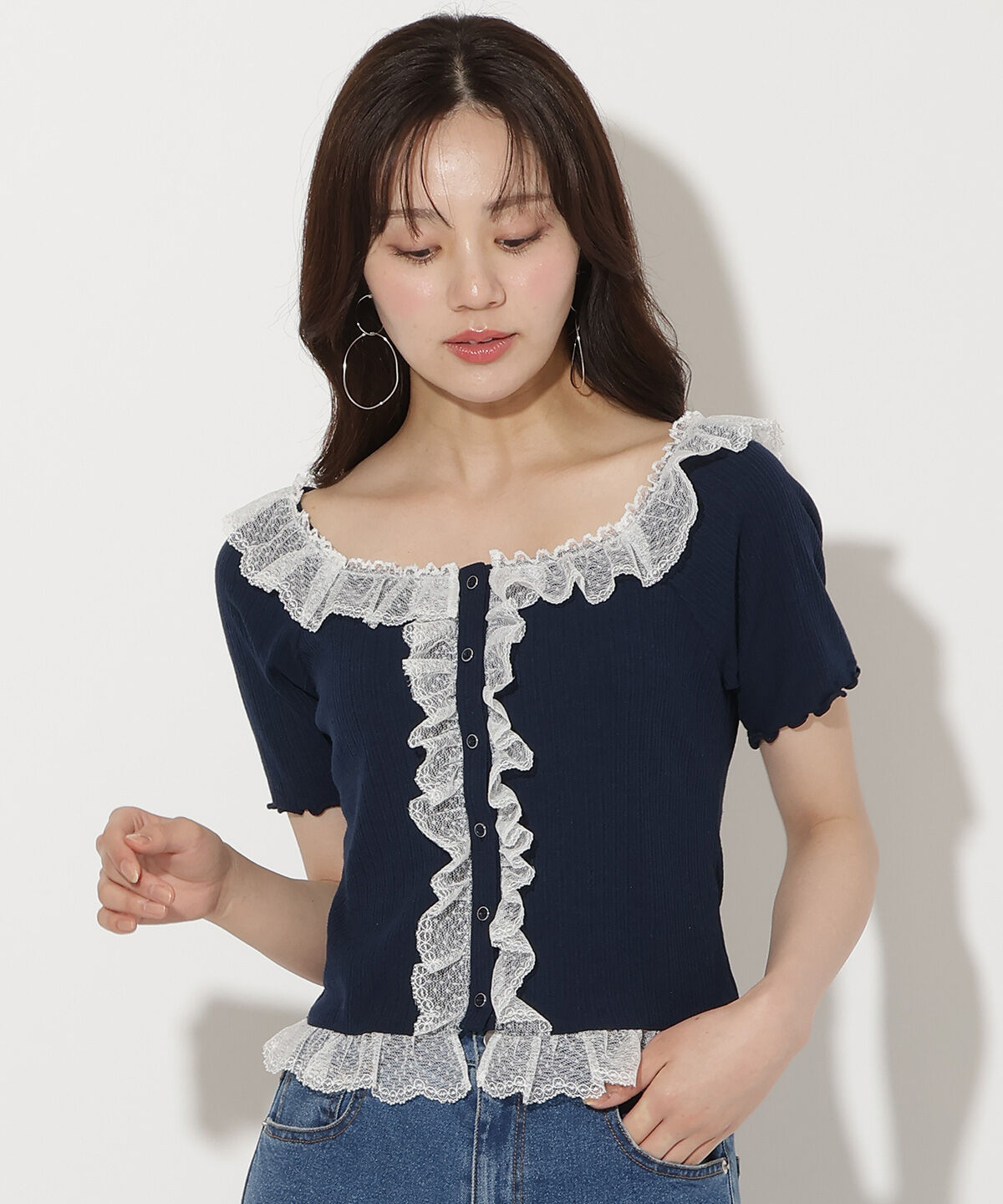 WILLSELECTION「レースフリルカットトップス」|Tシャツ・カットソー|ネイビー