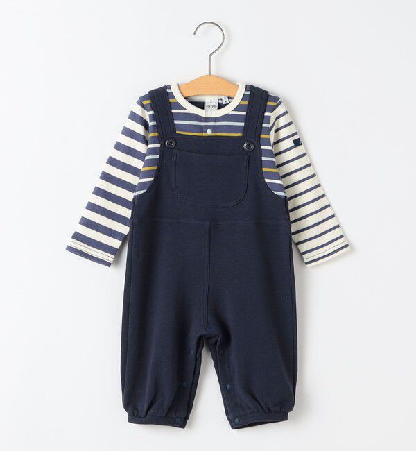 SHIPS KIDS「SHIPS KIDS:70～80cm / ボーダー フェイク レイヤード ロンパース」|ロンパース|ネイビー